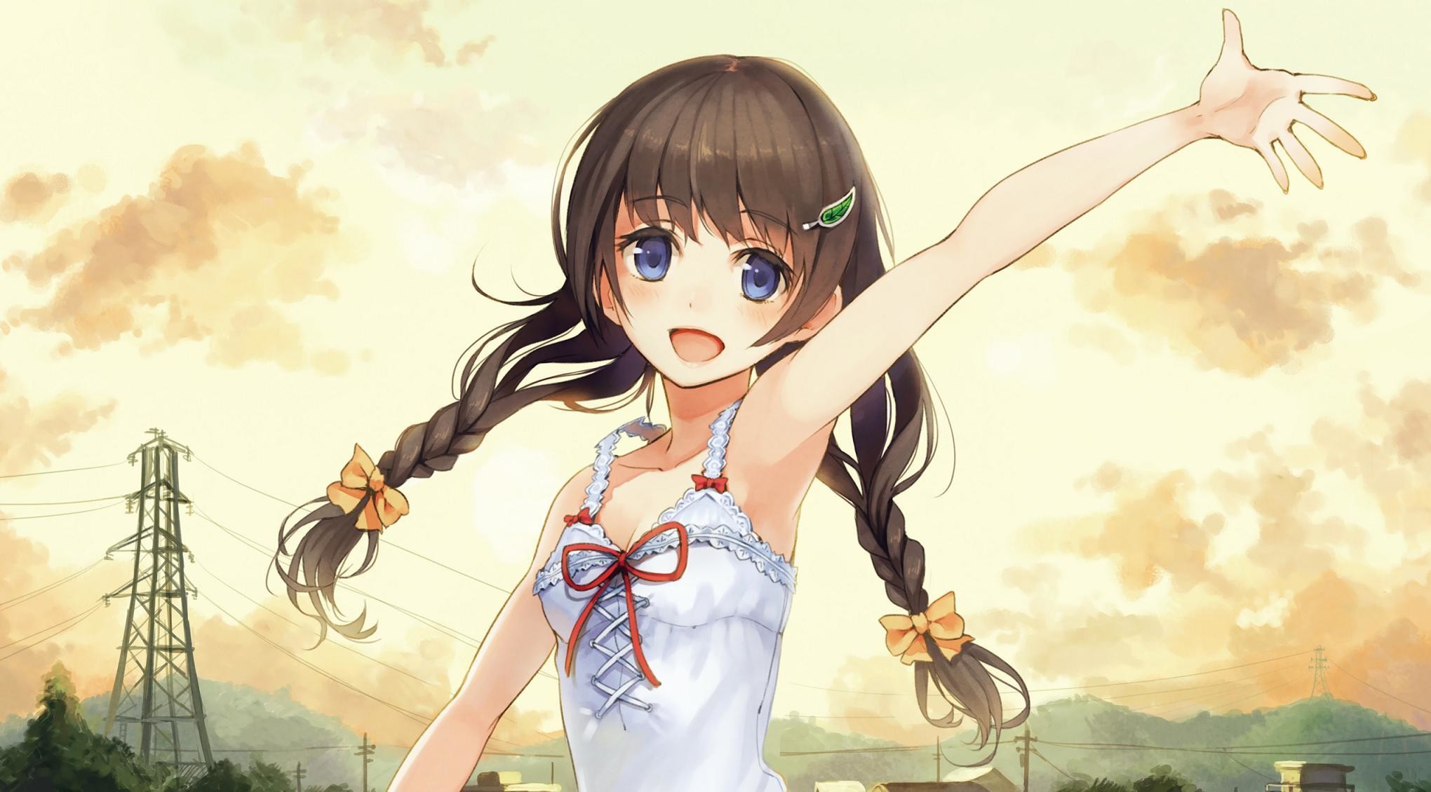 Ragazza anime, Trecce, Tramonto, Tralicci, Full HD, sfondo per PC e portatile