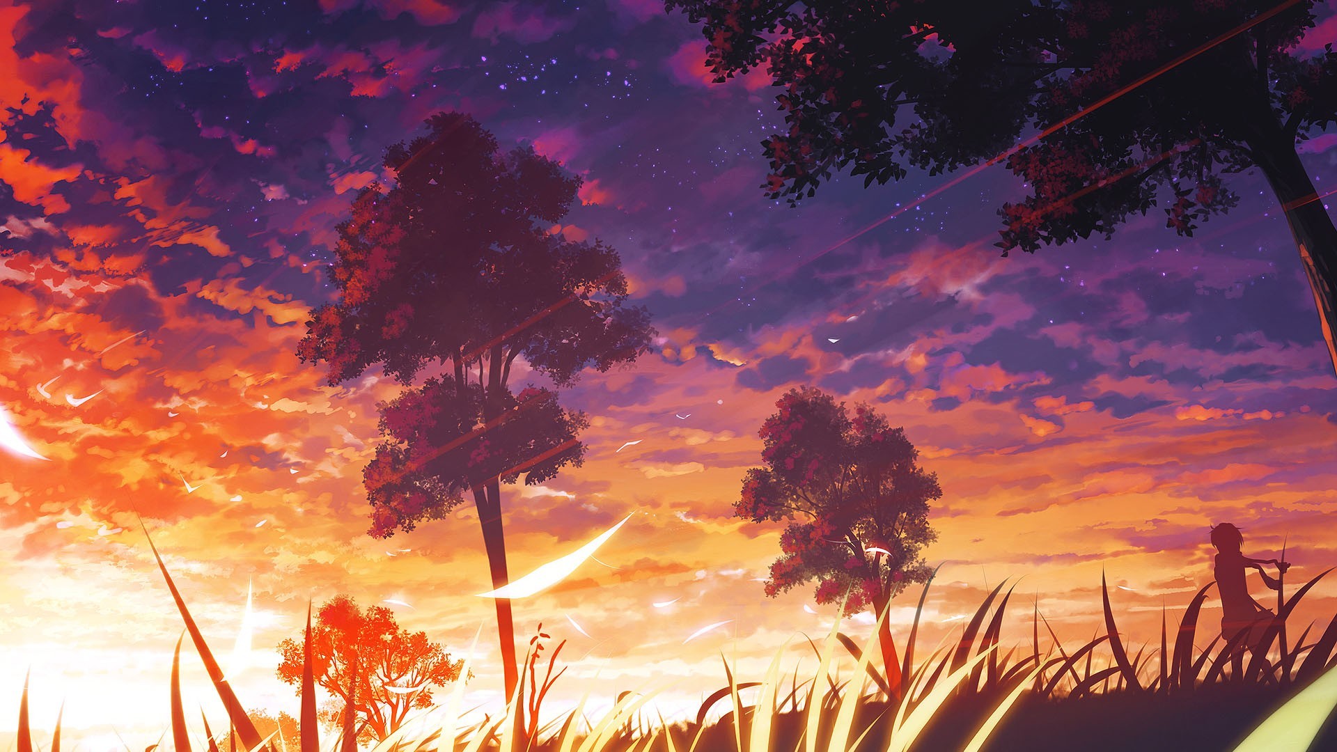 Tramonto, Alberi, Paesaggio anime, Cielo viola, Full HD, sfondo Windows 11