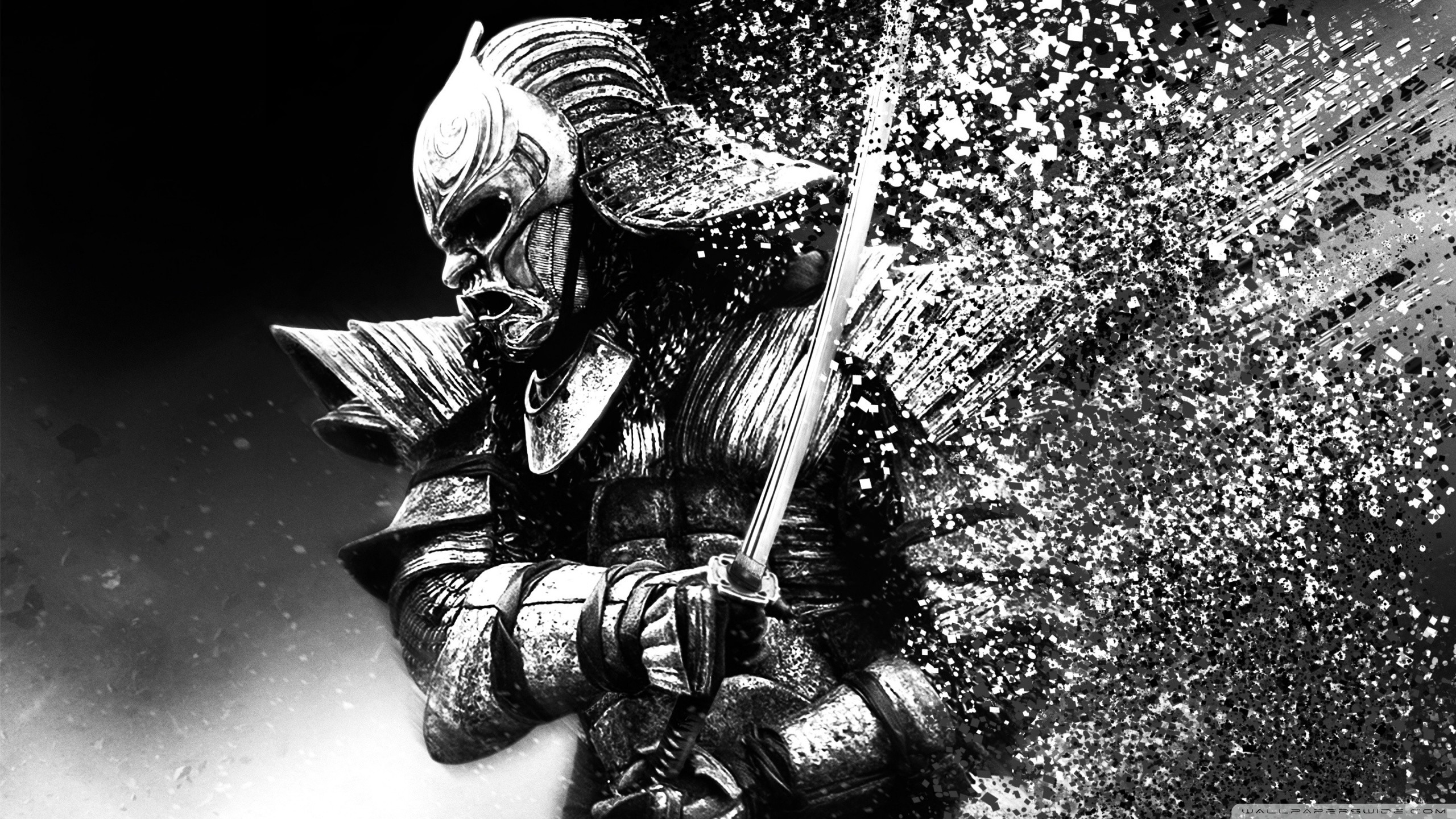 Samurai, Katana, Bianco e nero, Arte digitale, 16:9 2K, sfondo widescreen