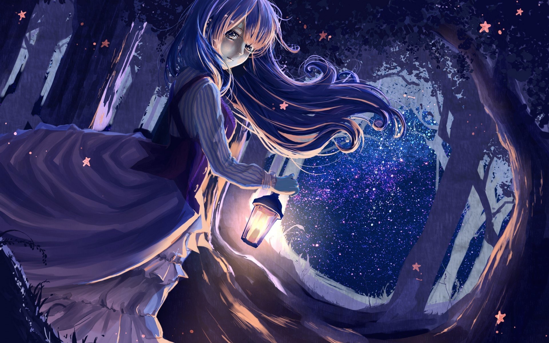 Ragazza anime, Lanterna, Cielo stellato, Notte, Viola, 1920x1200, sfondo per PC