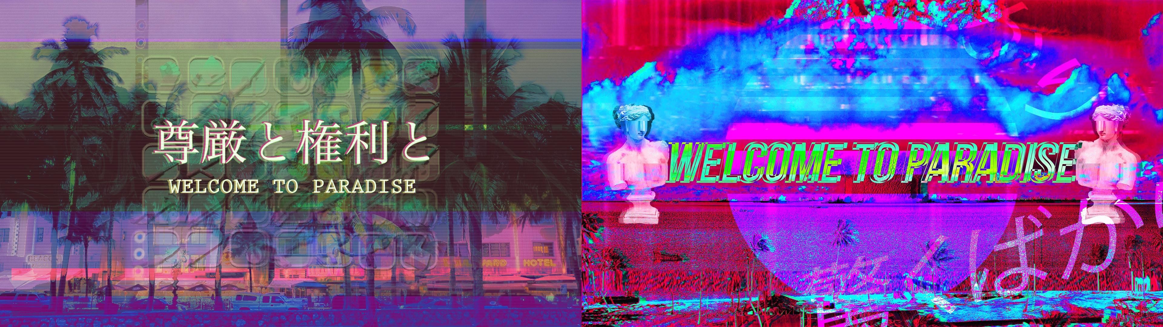 Vaporwave, Welcome to Paradise, Kanji, Glitch, 32:9 Full HD, sfondo widescreen