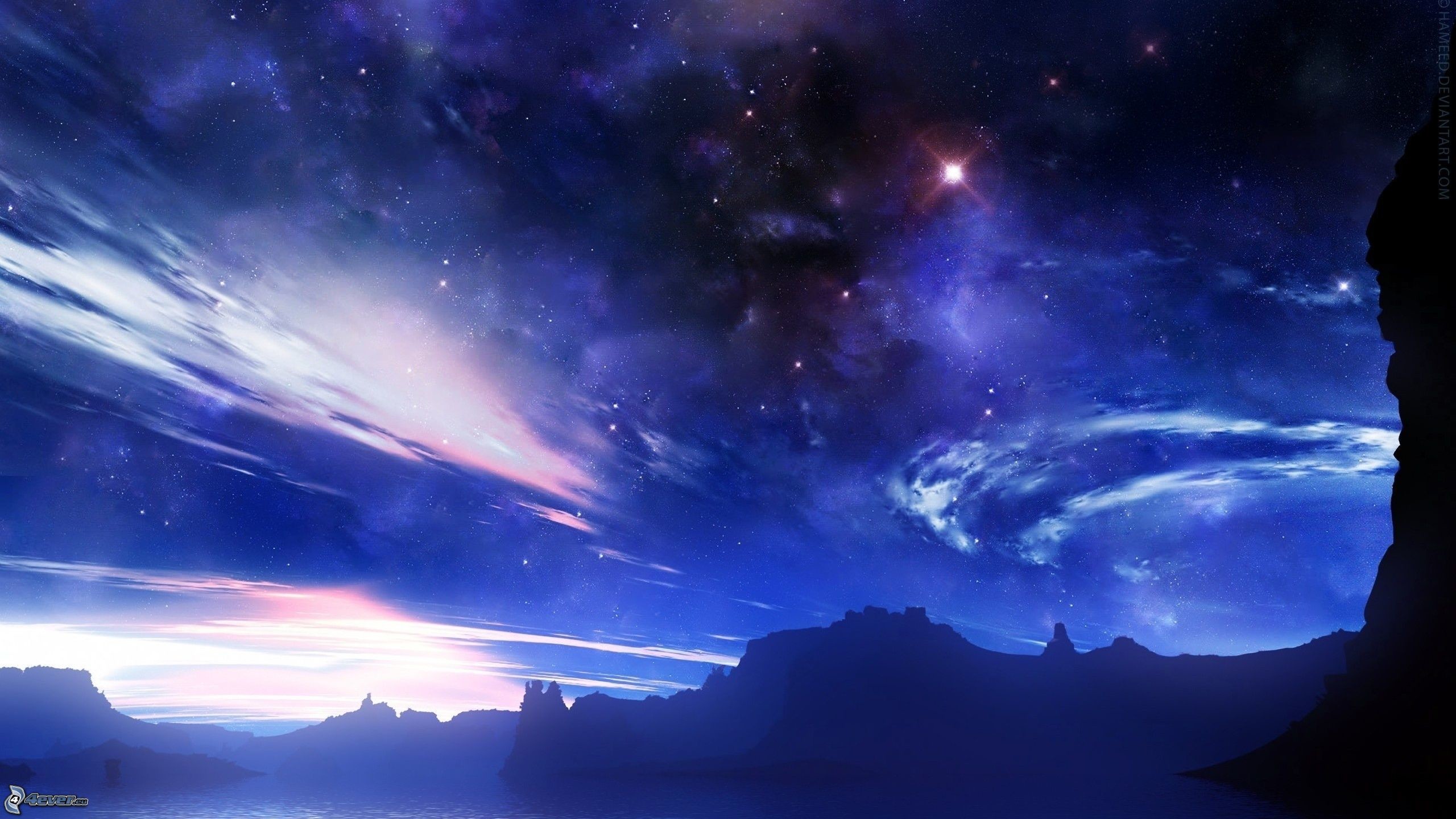 Cielo fantasy, Stelle, Montagne, Arte digitale, Viola, 2K, sfondo desktop