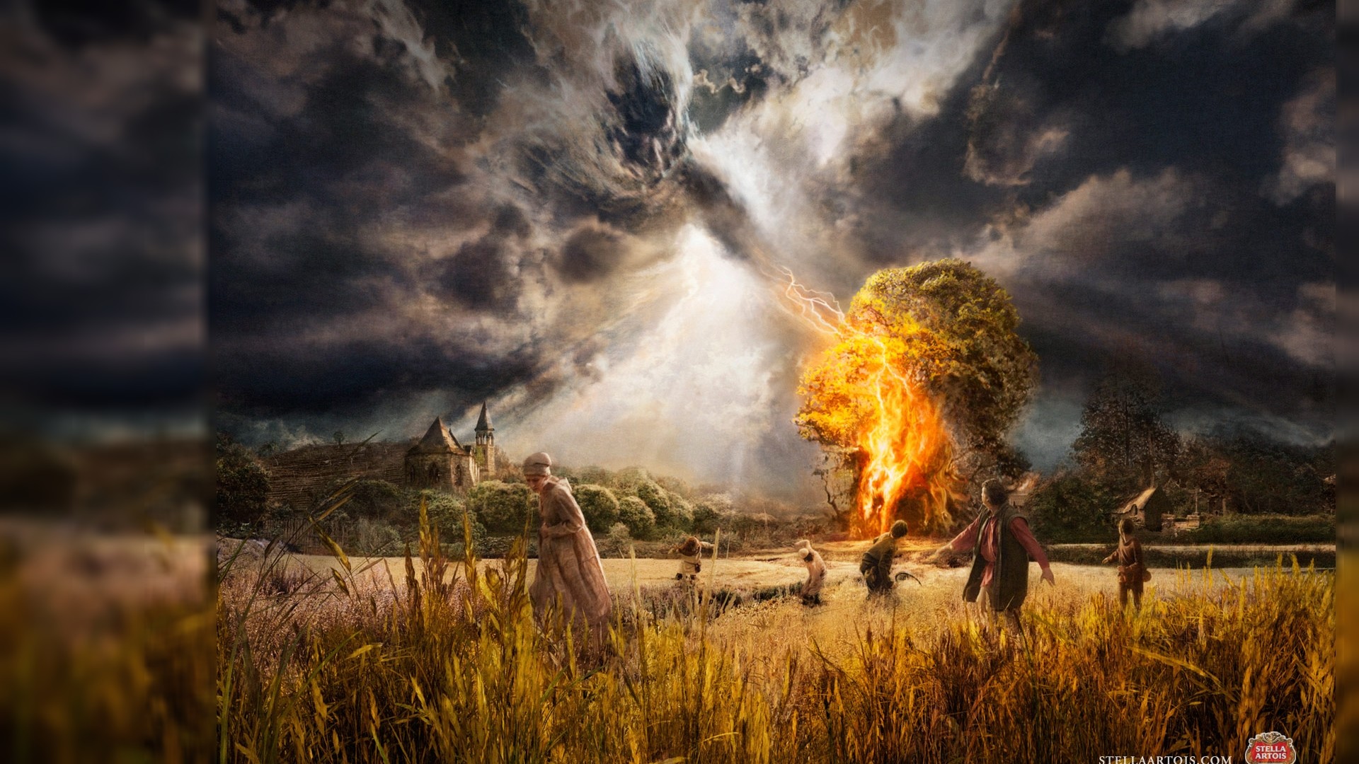 Arte fantasy, Campo di grano, Esplosione, Tempesta, 16:9 Full HD, wallpaper widescreen