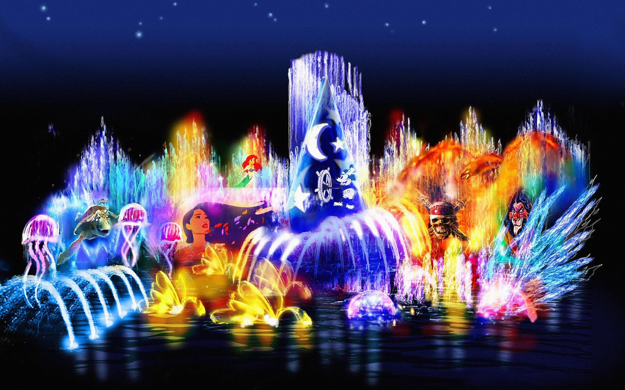 World of Color, Disney California Adventure, Topolino stregone, Fontane, Notte, Luci colorate, immagine di sfondo