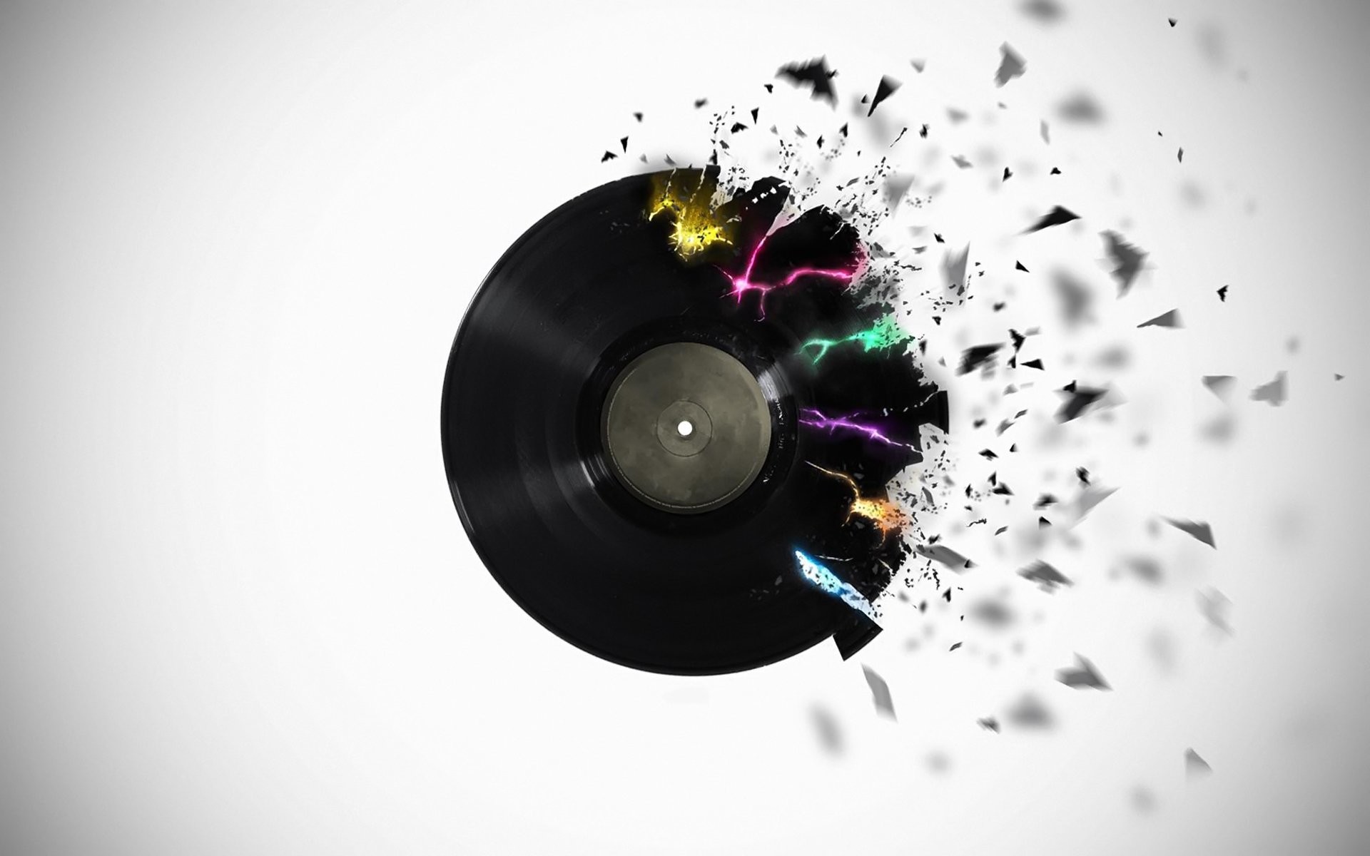 Disco in vinile, Frammenti, Esplosione, Sfondo bianco, Arte digitale, wallpaper per desktop