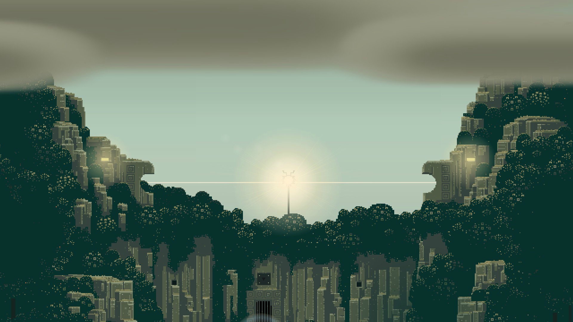 Pixel art, Canyon, Foresta, Nebbia, Luce del sole, Full HD 1080p, sfondo desktop