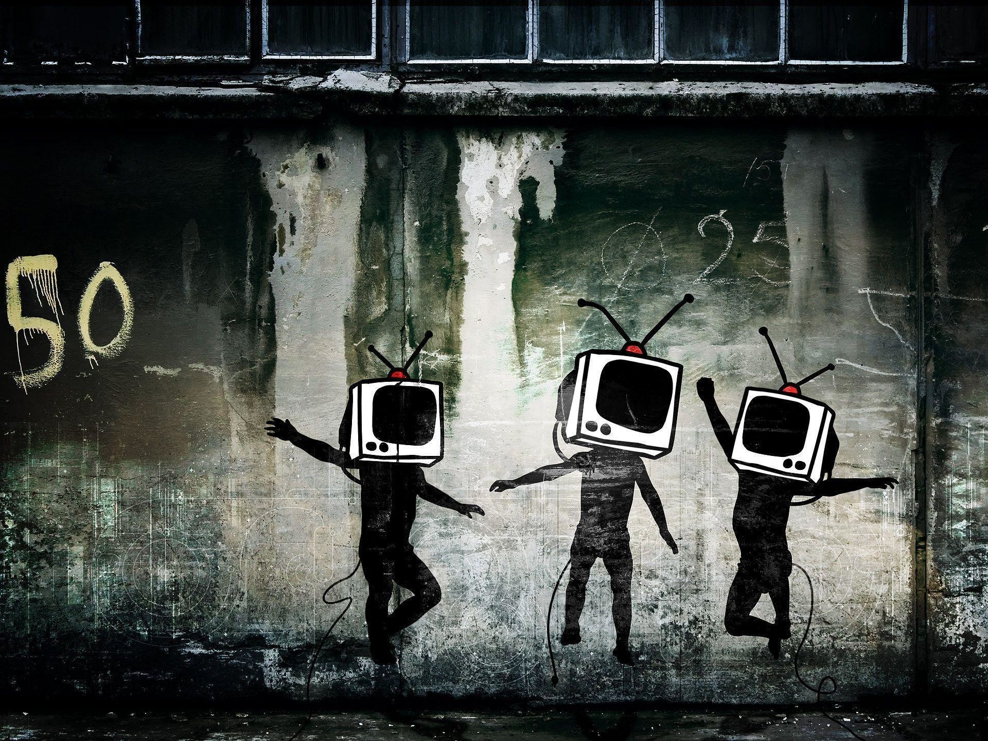 Banksy, Teste TV, Graffiti, Stencil, sfondo per iPad e tablet