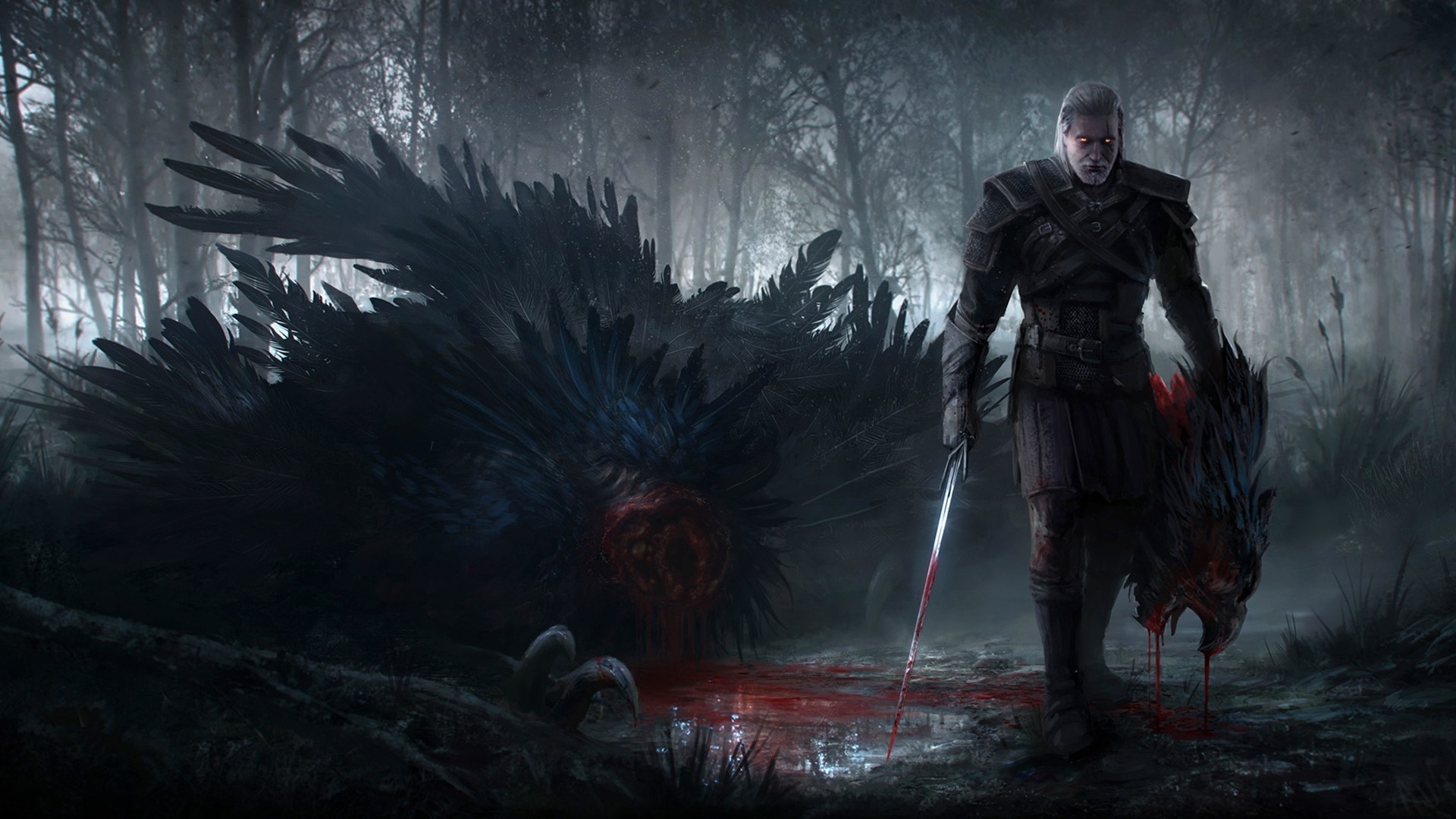 Geralt di Rivia, The Witcher 3: Wild Hunt, Grifone, Foresta oscura, sfondo Full HD per portatile