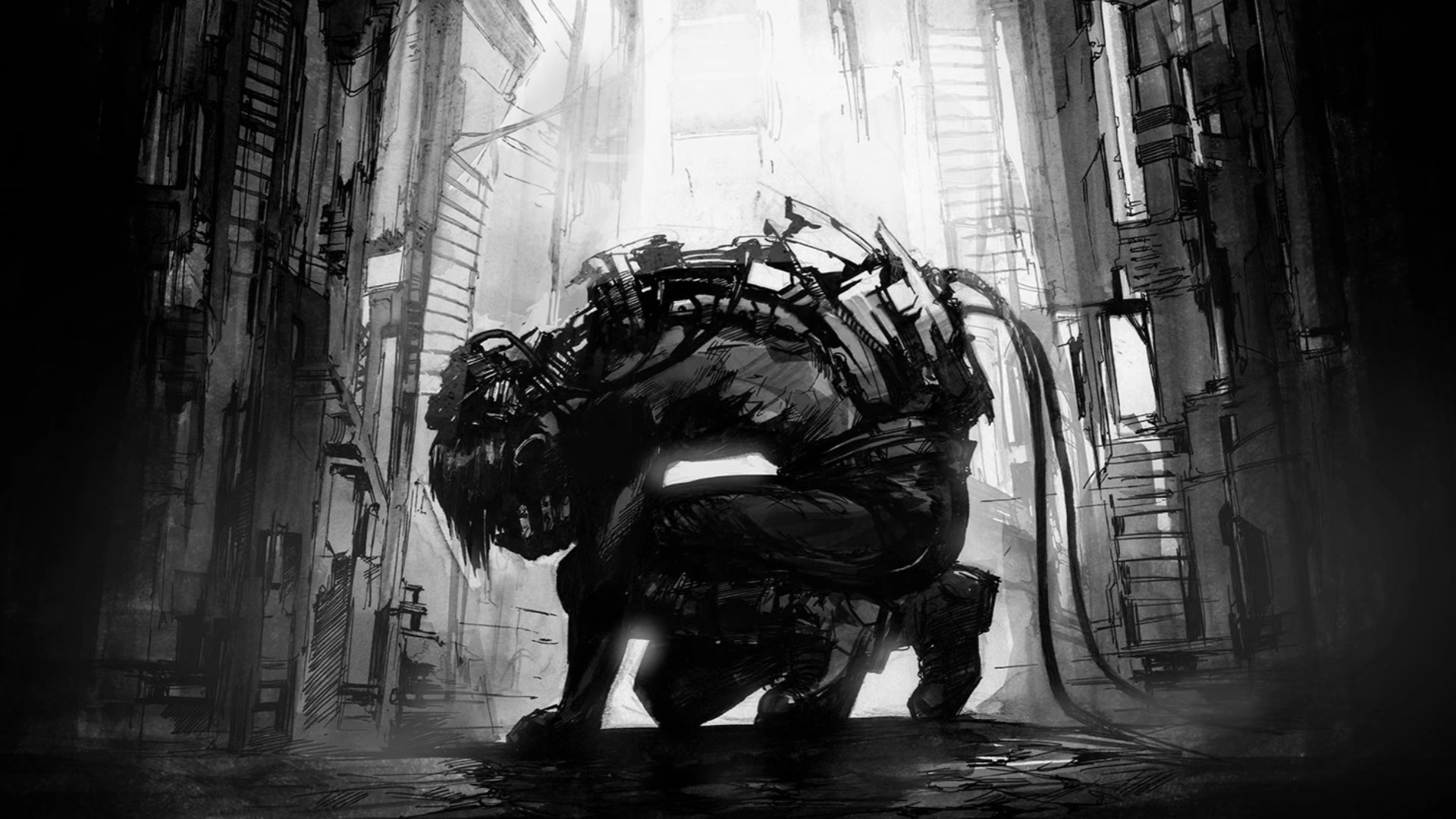 Cyborg, Vicolo, Bianco e nero, Illustrazione, 1920x1080, immagine di sfondo