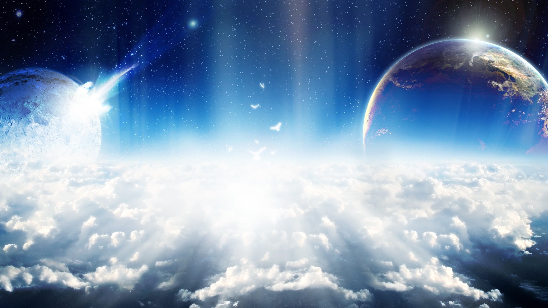 Pianeti, Nuvole, Luce, Fantasy, Azzurro, Full HD, sfondo per PC e portatile