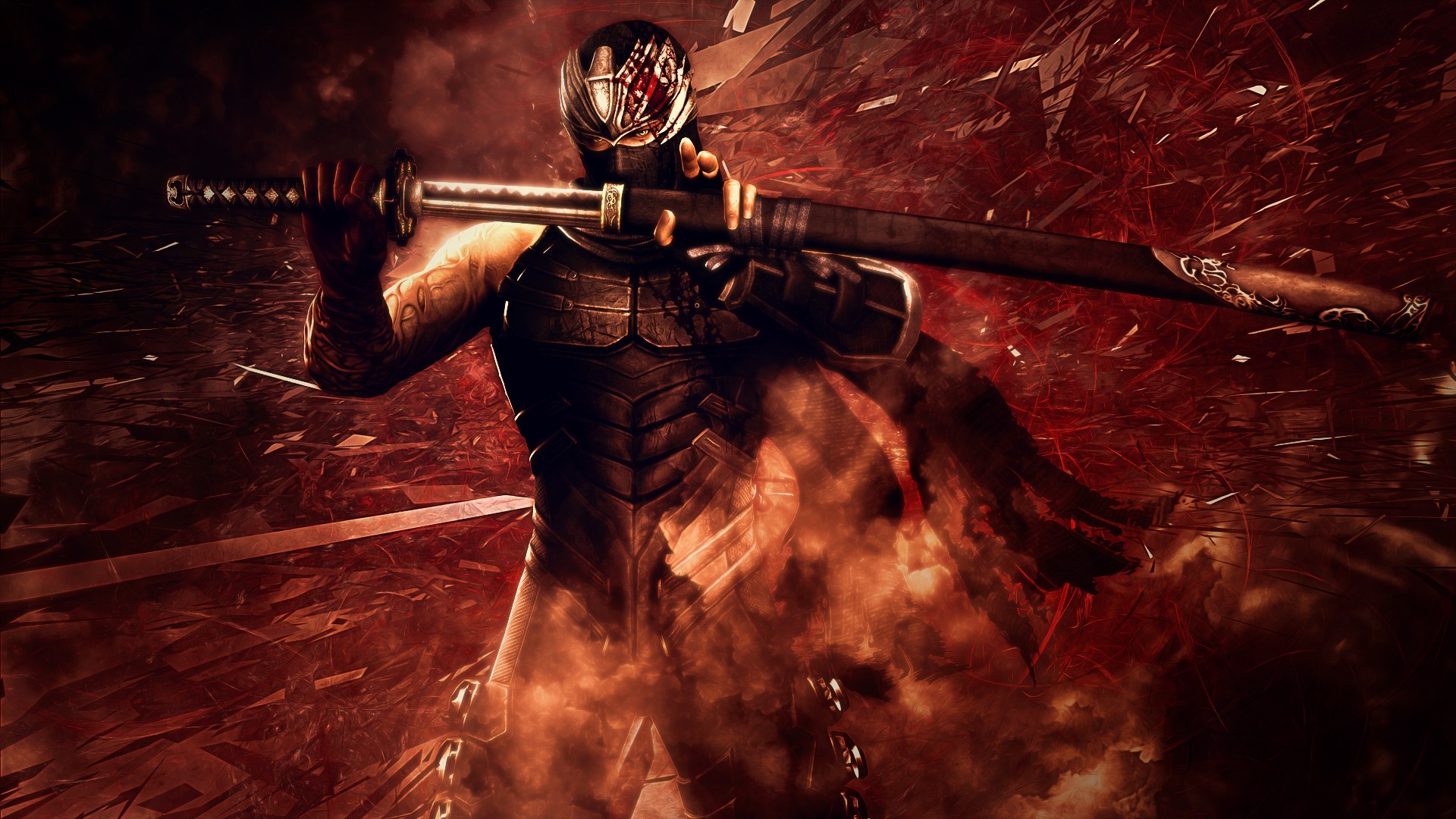 Ninja, Katana, Armatura, Toni rossi, Full HD 1080p, sfondo desktop