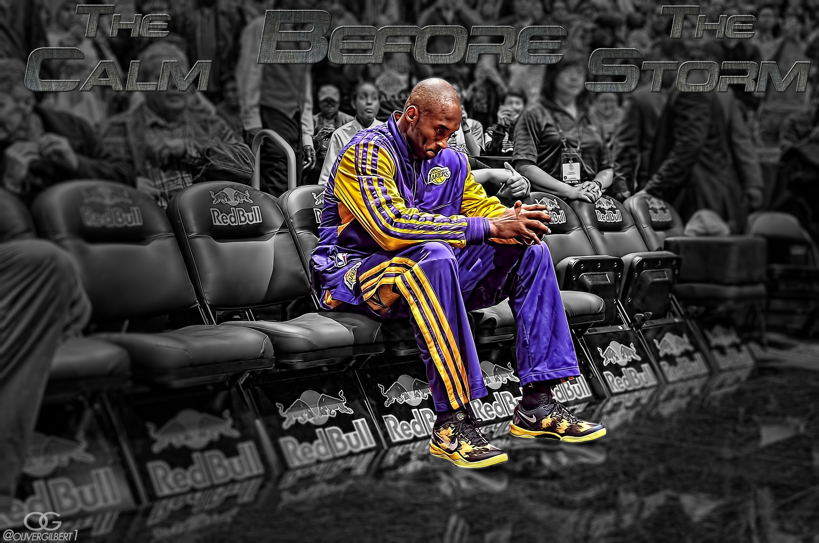 Kobe Bryant, Los Angeles Lakers, The Calm Before the Storm, Panchina, Bianco e nero, sfondo 2K