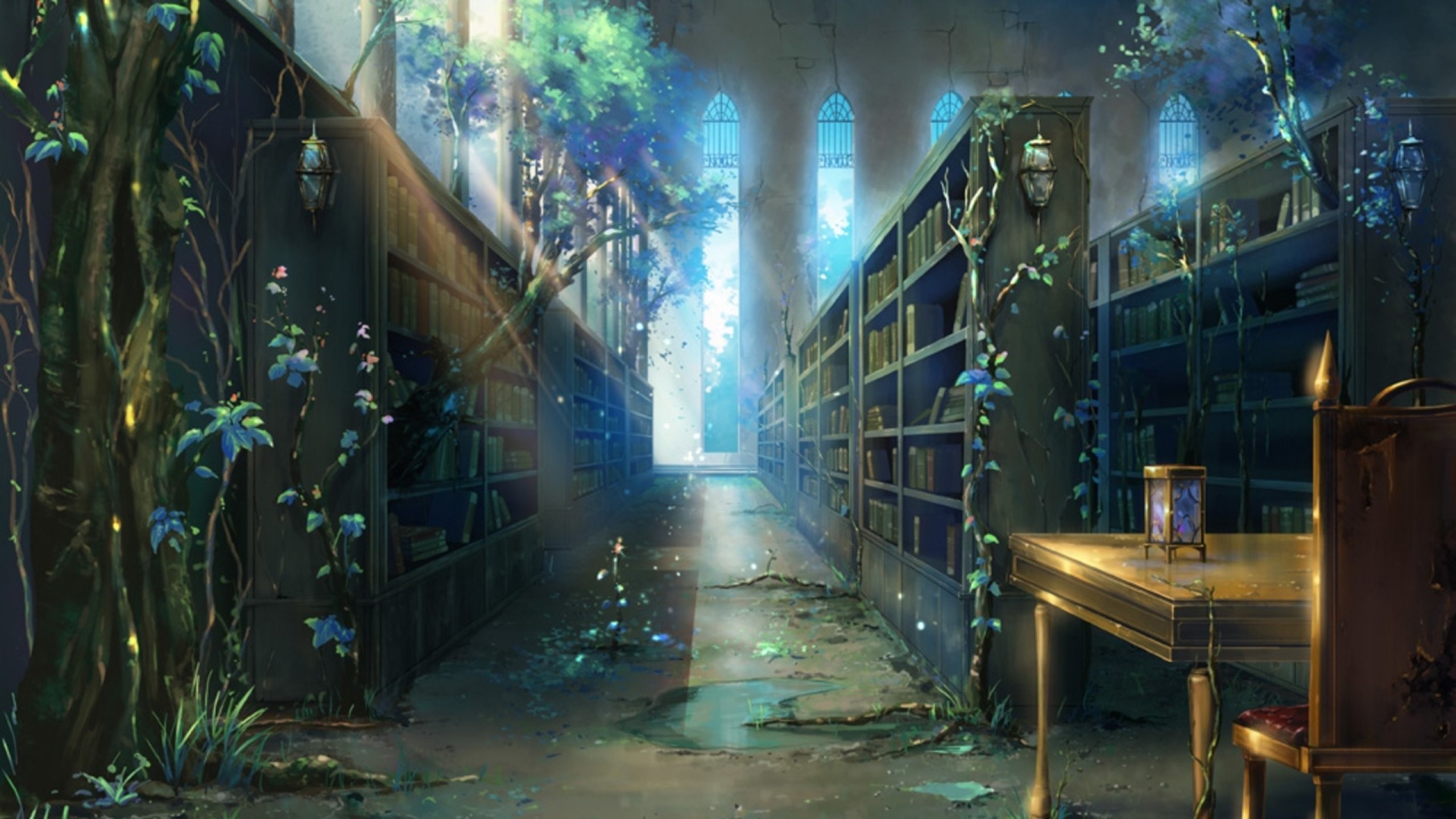 Biblioteca fantasy, Rovine, Piante, Anime, Luce, 2K, wallpaper per PC