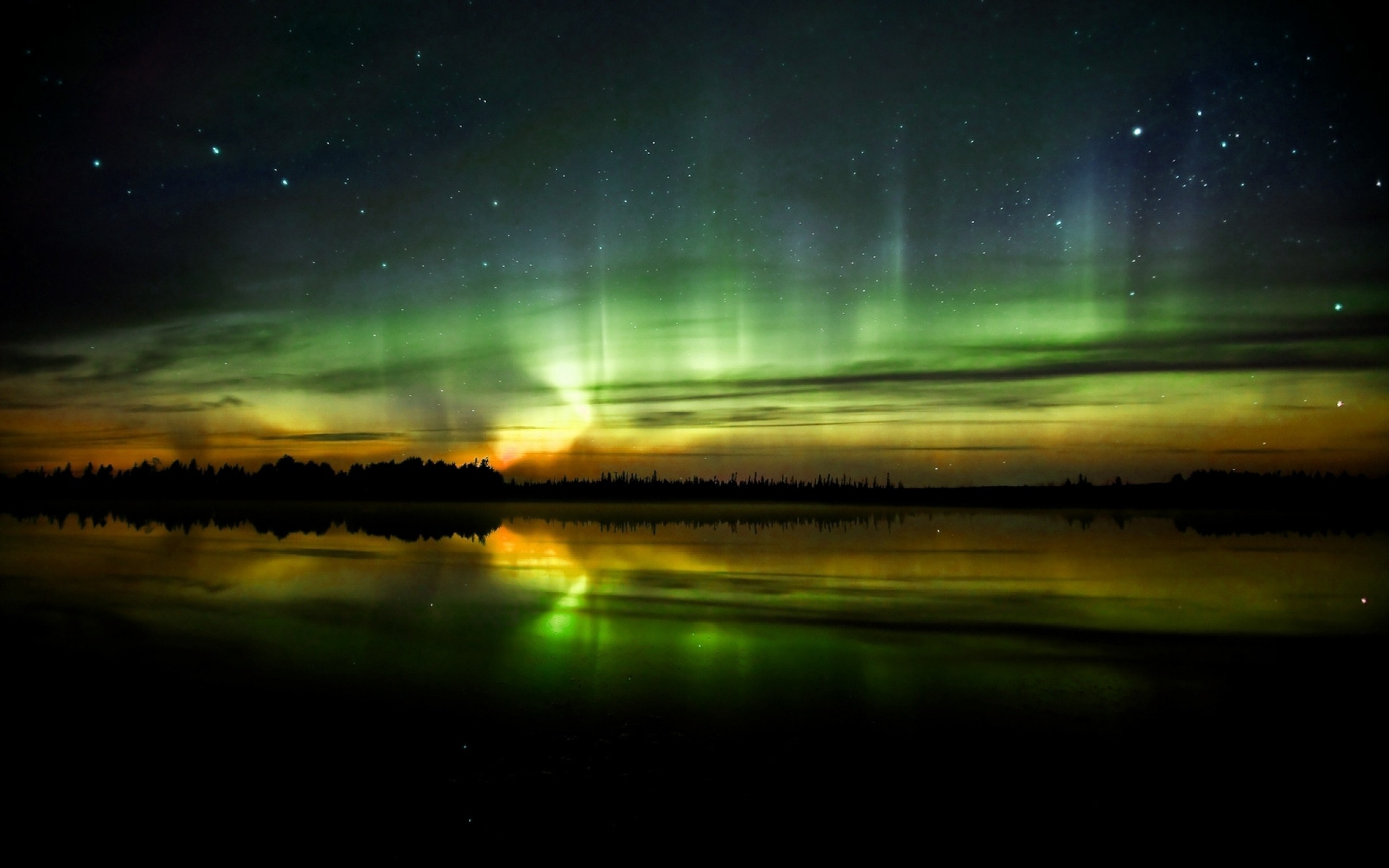 Aurora boreale, Lago, Notte, sfondo per cellulare