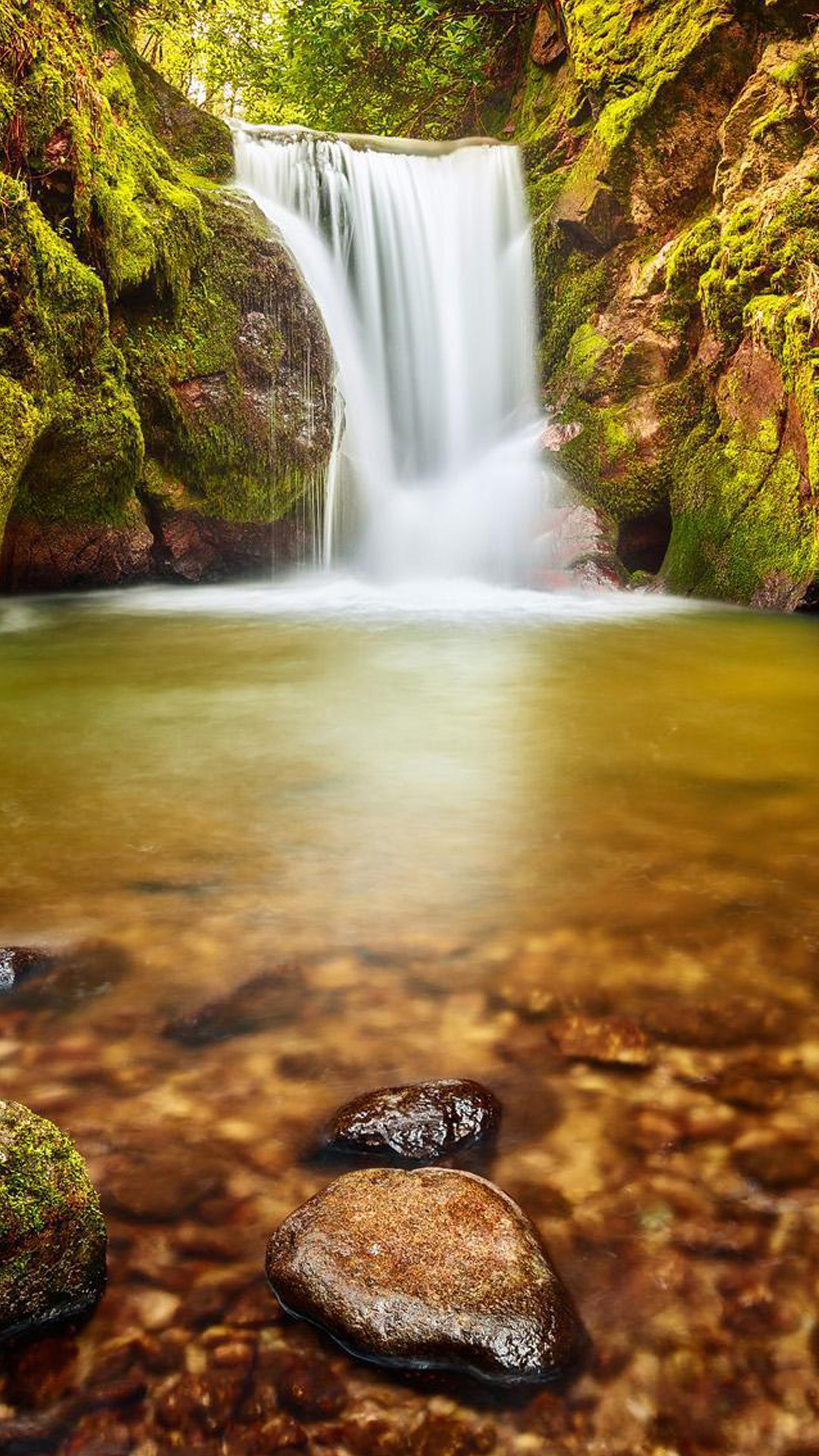 Cascata, Torrente, Rocce, Muschio, wallpaper per iPhone e Android
