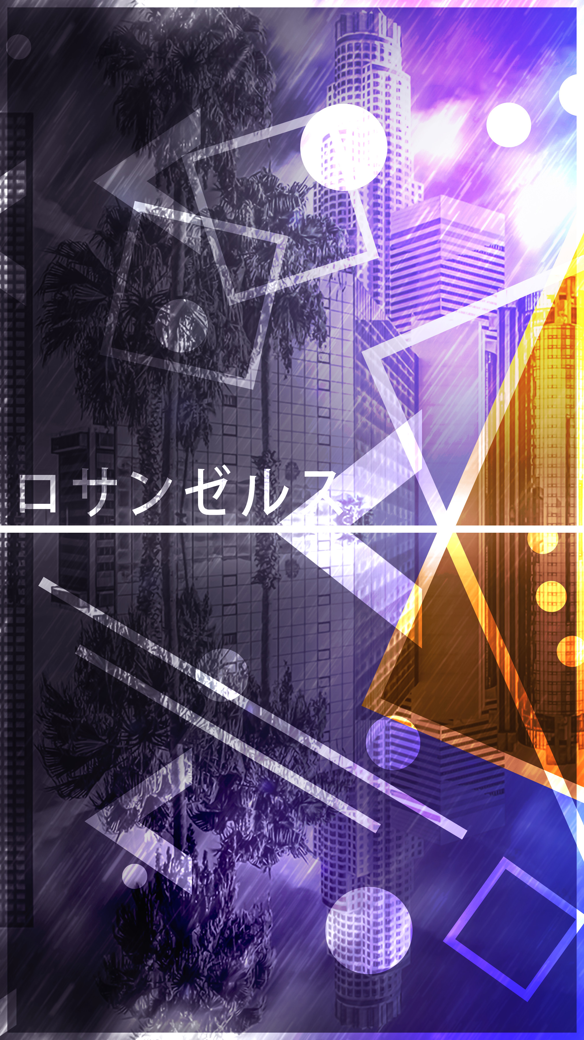 Los Angeles, Katakana, Forme geometriche, Viola, Astratto, QHD+, sfondo per smartphone
