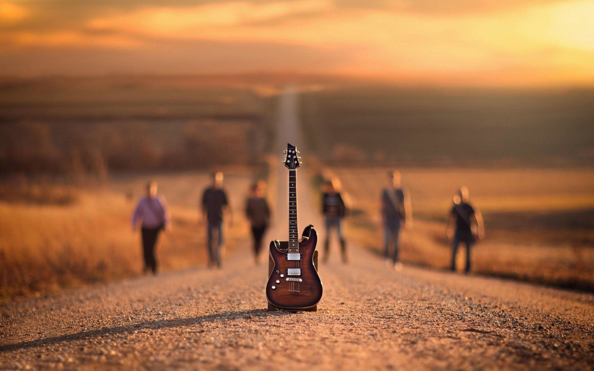 Chitarra elettrica, Strada sterrata, Persone, Tramonto, Full HD, wallpaper per PC