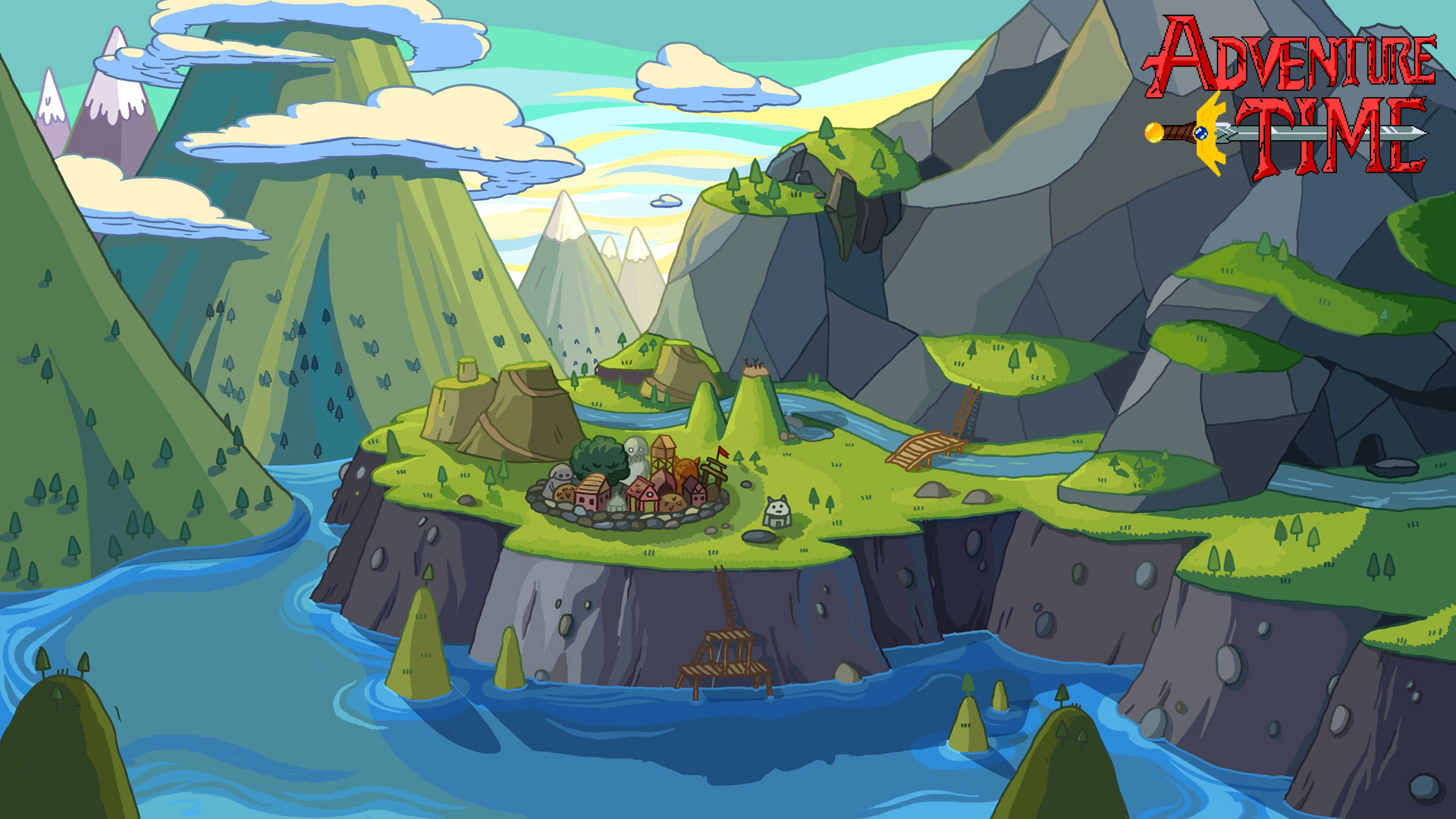 Adventure Time, Terra di Ooo, Fiume, Montagne, Vista aerea, Full HD, sfondo per PC e portatile