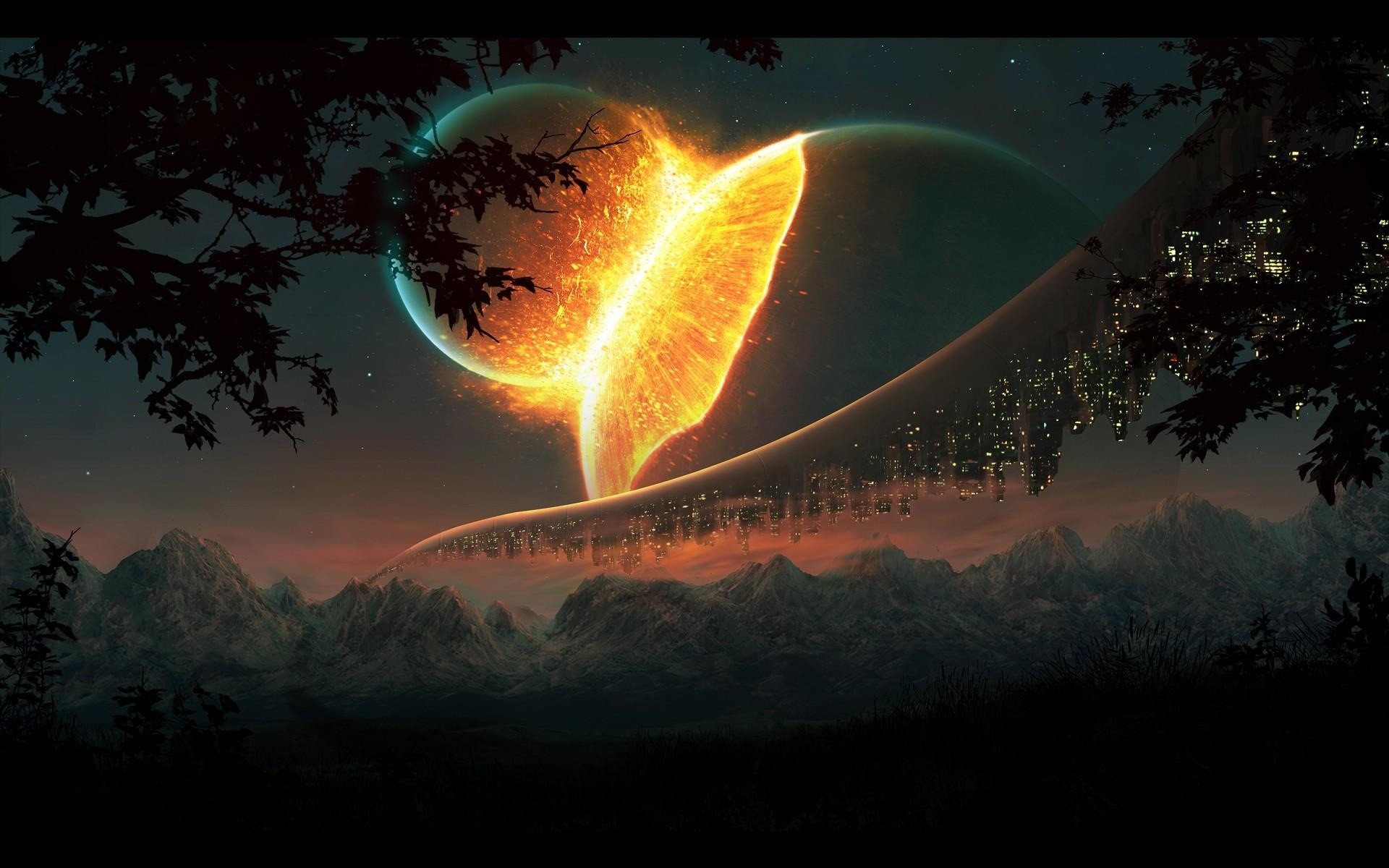 Pianeta, Fantascienza, Esplosione, Montagne, Notte, 1920x1200, sfondo per PC