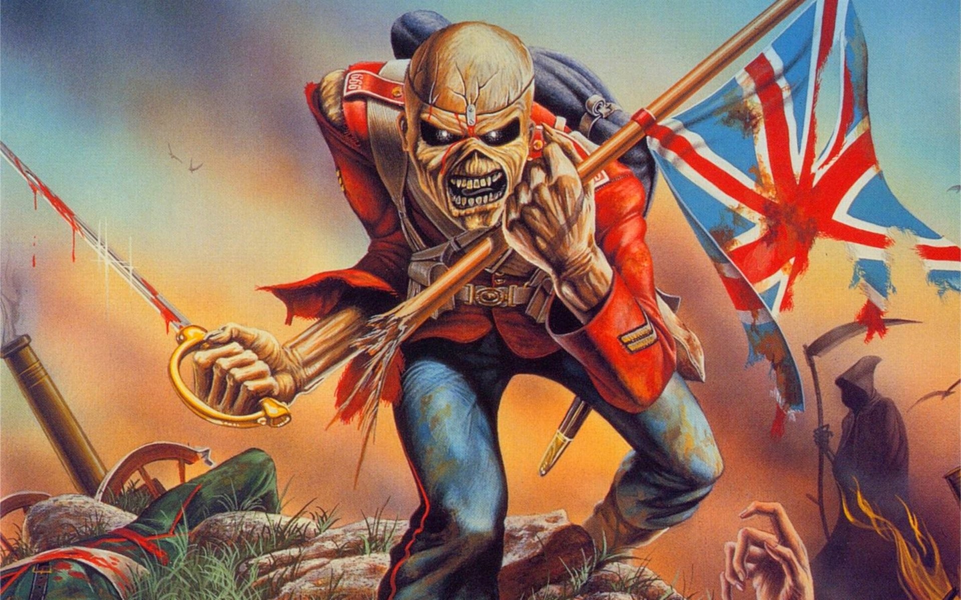 Eddie, The Trooper, Iron Maiden, Union Jack, Sciabola, Heavy metal, sfondo Full HD per portatile