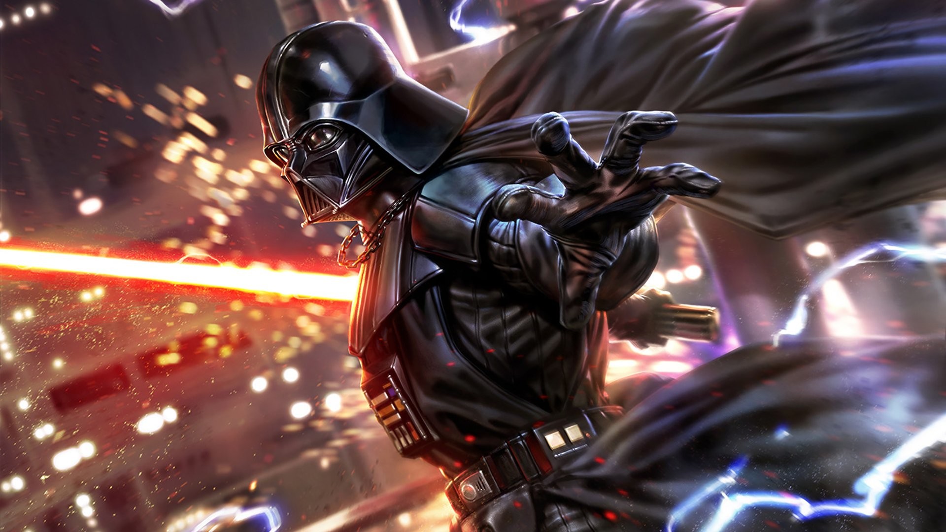 Darth Vader, Star Wars, Spada laser rossa, Fulmini, Fan art, 16:9 Full HD, wallpaper widescreen