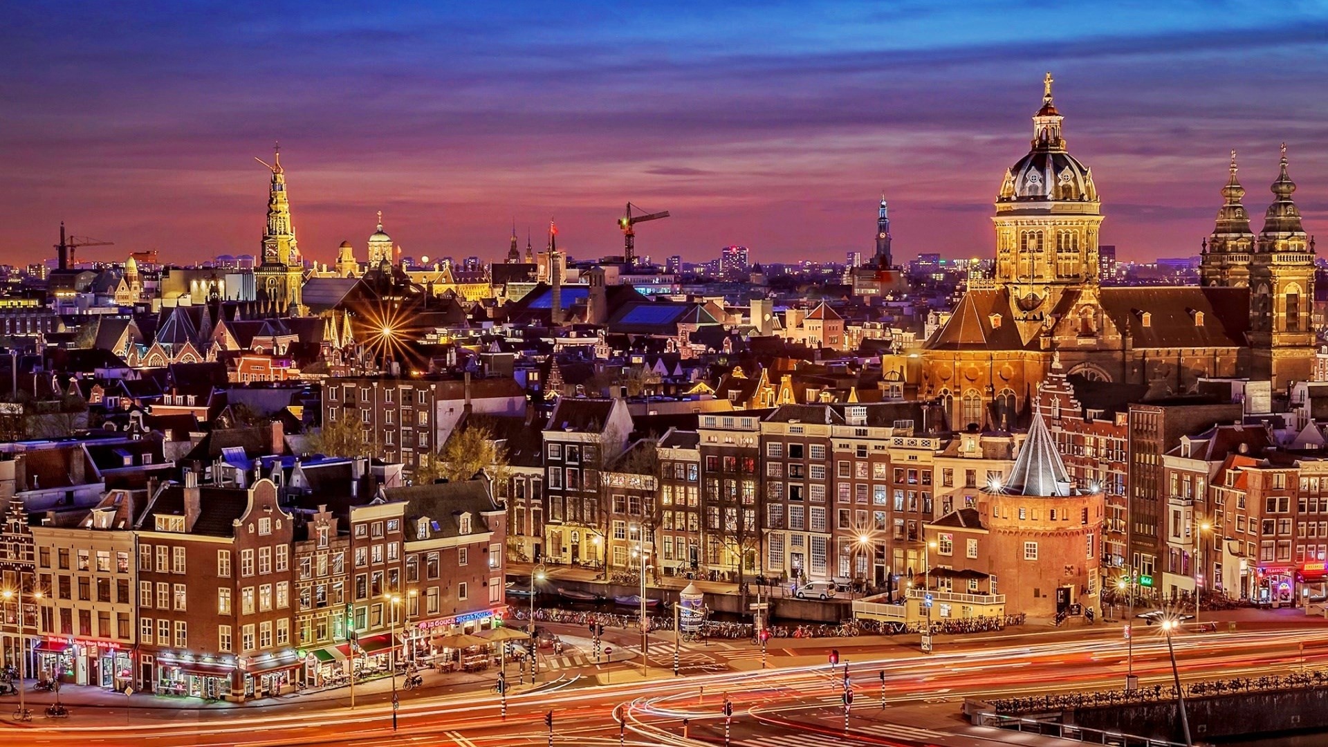 Amsterdam, Basilica di San Nicola, Panorama, Crepuscolo, Luci della città, sfondo desktop 1920x1080