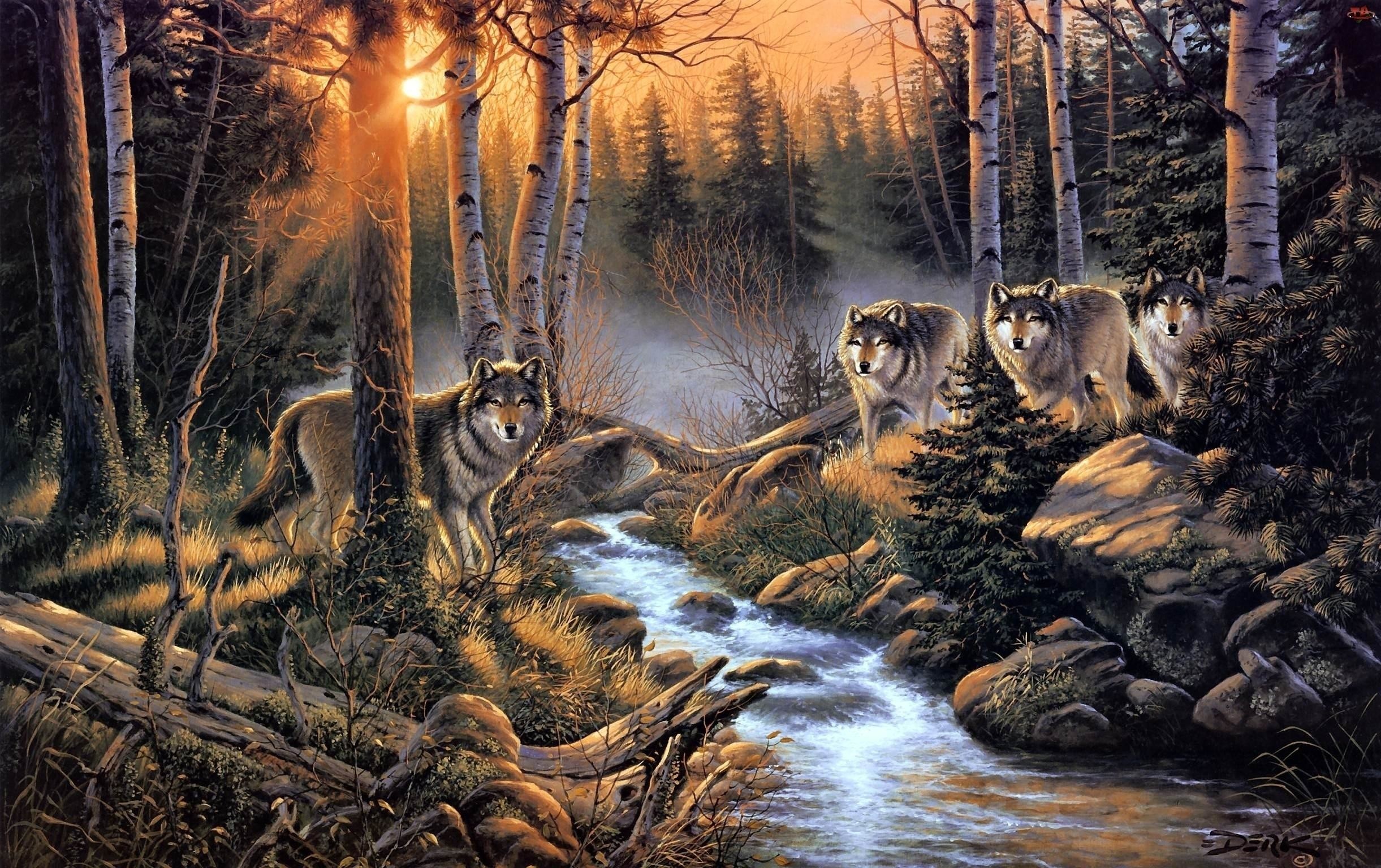 Lupi, Branco, Ruscello, Bosco, Pittura, 2442x1536, sfondo MacBook Pro