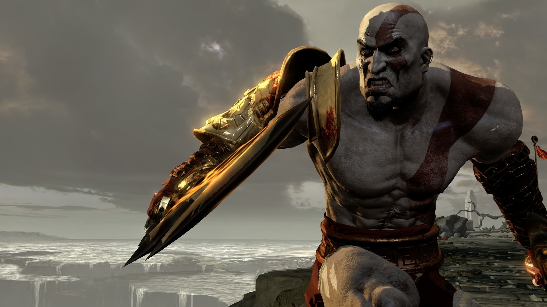 Kratos, God of War III, Lame del Caos, Cielo nuvoloso, 16:9 Full HD, sfondo widescreen