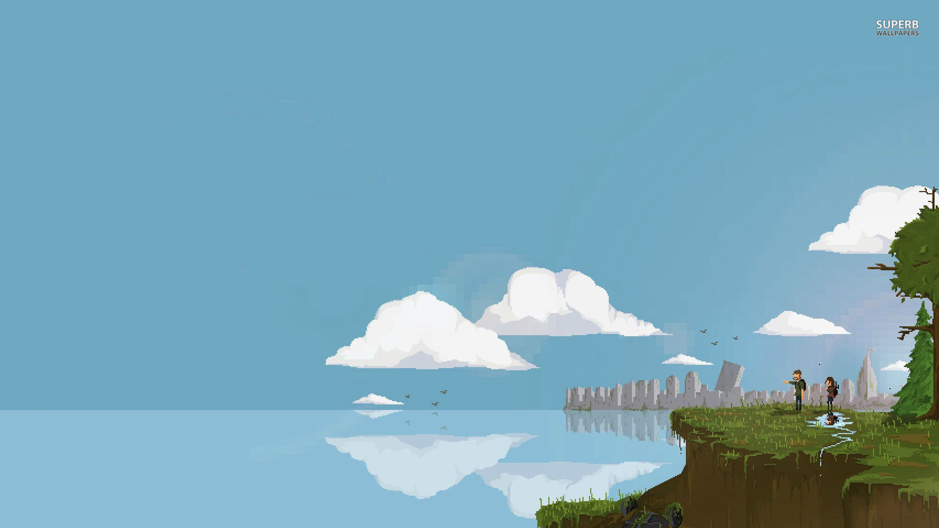 Pixel art, Scogliera, Lago, Nuvole, Città lontana, 16:9 Full HD, sfondo widescreen