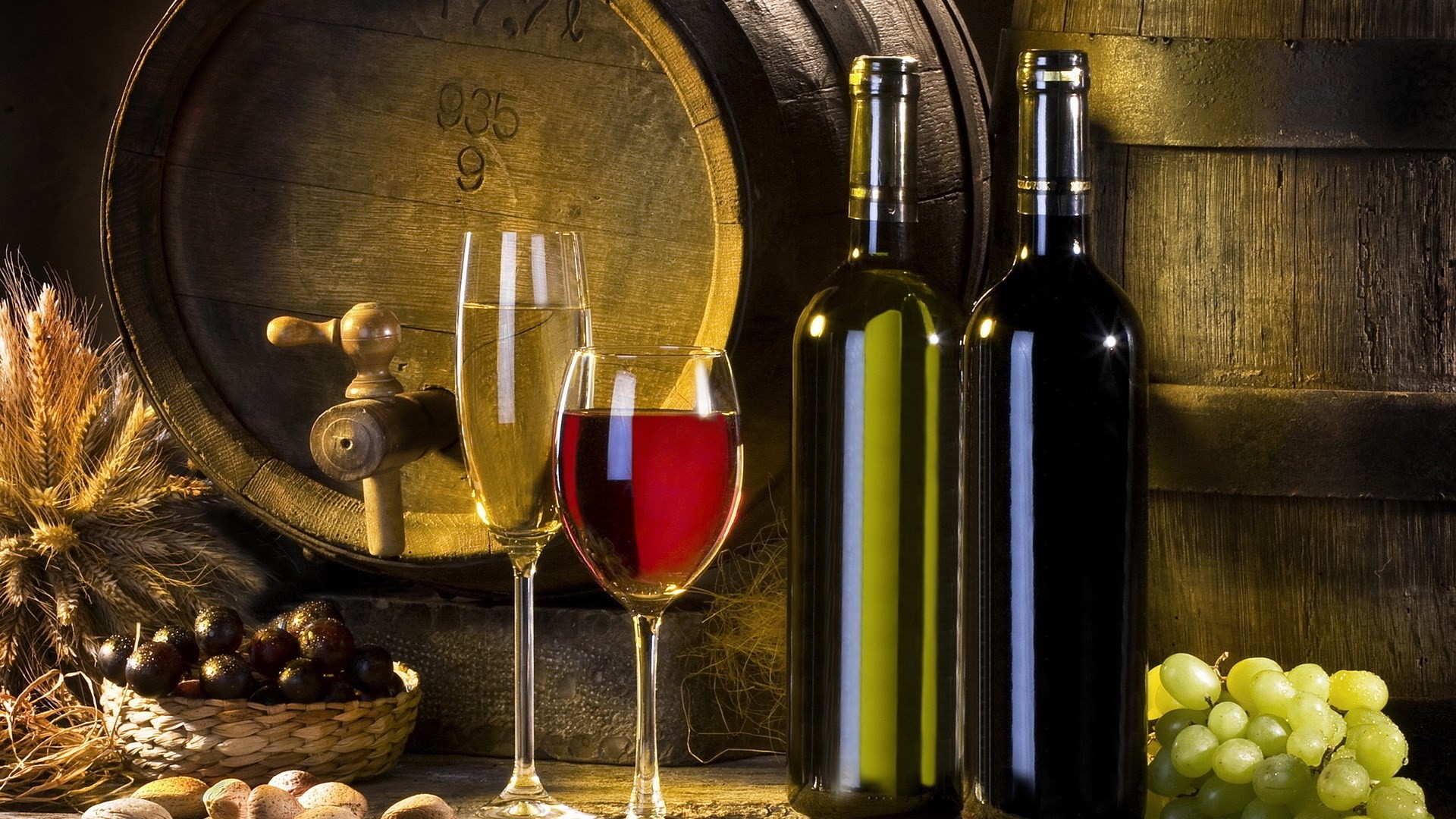 Botte di vino, Bottiglie, Vino bianco, Vino rosso, Uva, Cantina, sfondo desktop 1920x1080