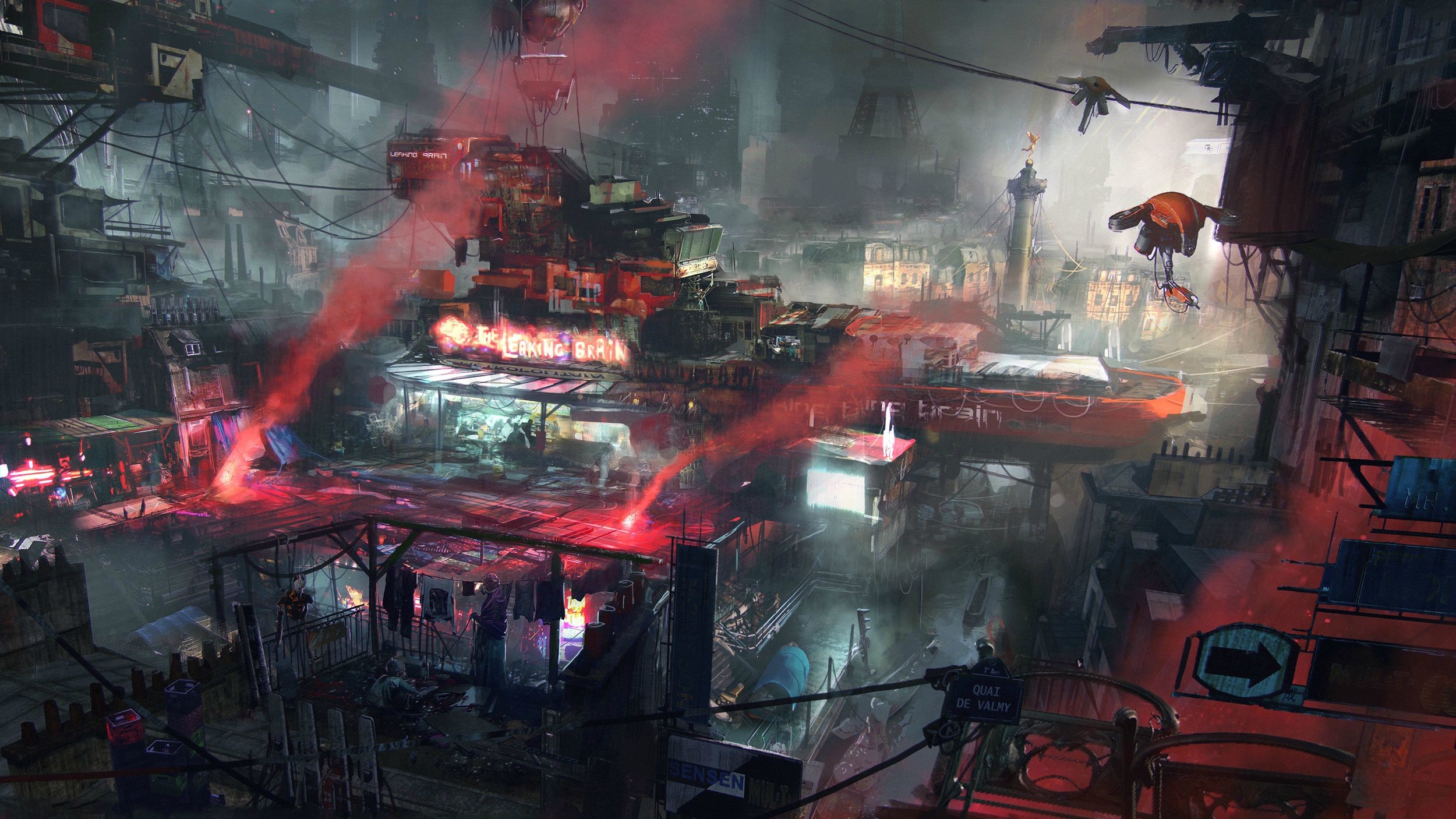 Città cyberpunk, Laser rossi, Arte concettuale, Nebbia, Full HD, wallpaper per portatile