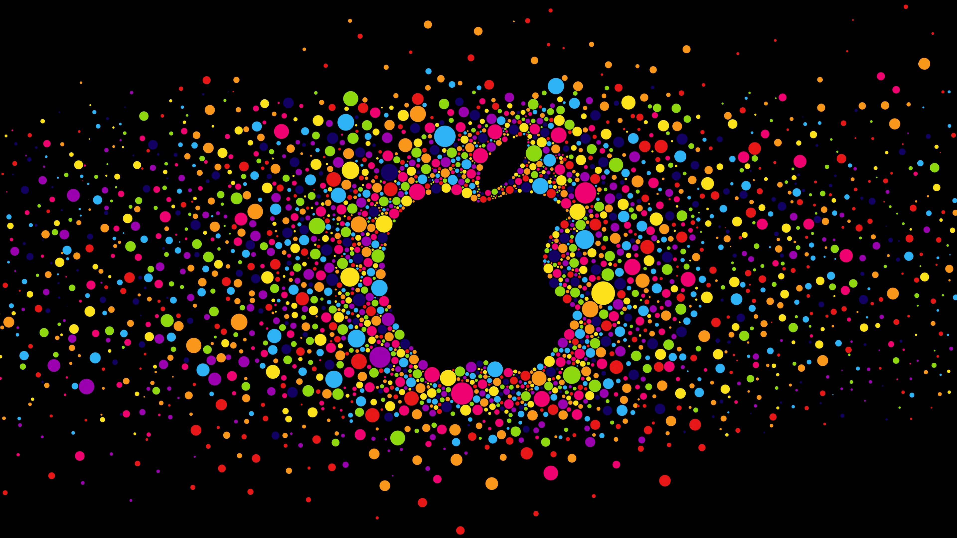 Logo Apple, Apple, Puntini colorati, Sfondo nero, 16:9 4K, wallpaper widescreen