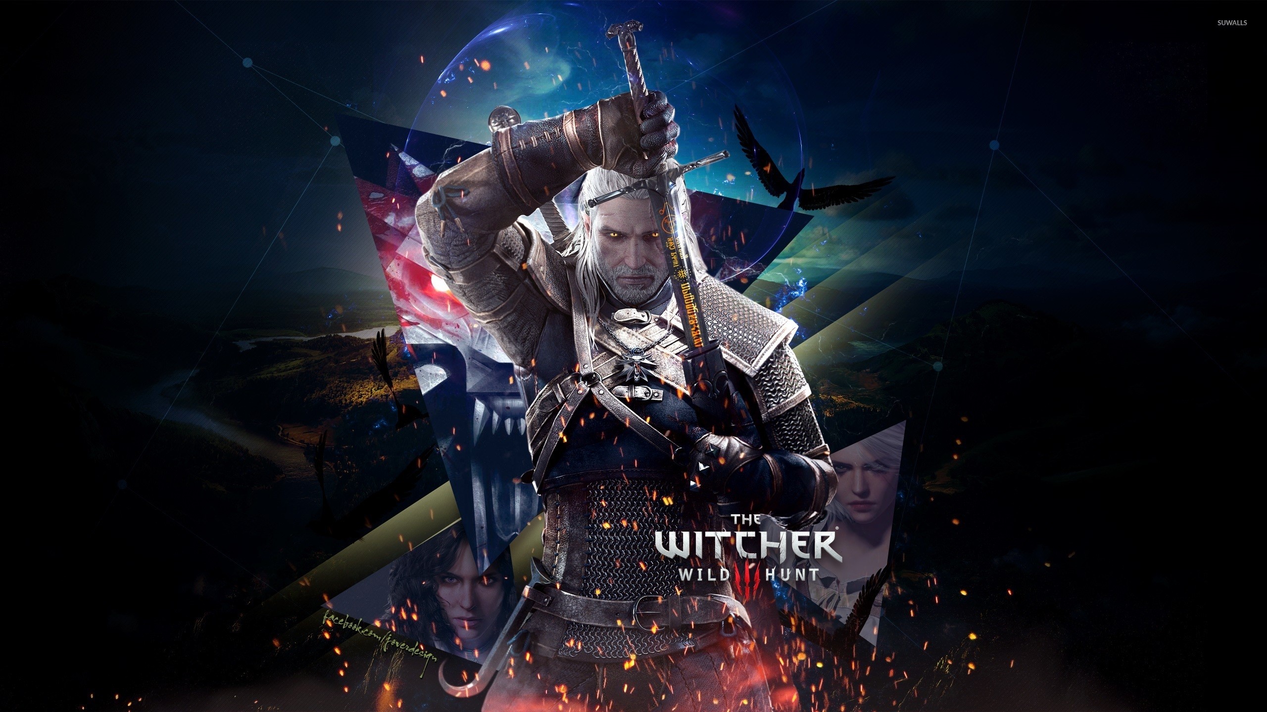 Geralt di Rivia, The Witcher 3: Wild Hunt, Arte digitale, Spada, sfondo 16:9 2K