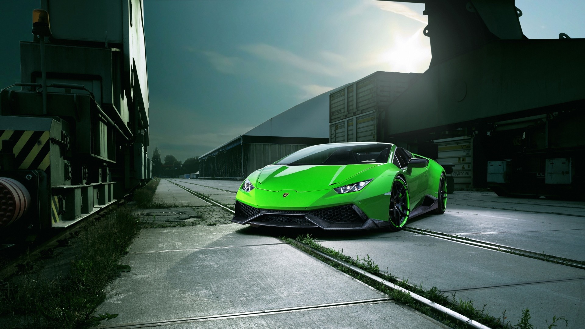 Lamborghini Huracán, Verde, Binari, Supercar, 16:9 Full HD, sfondo widescreen