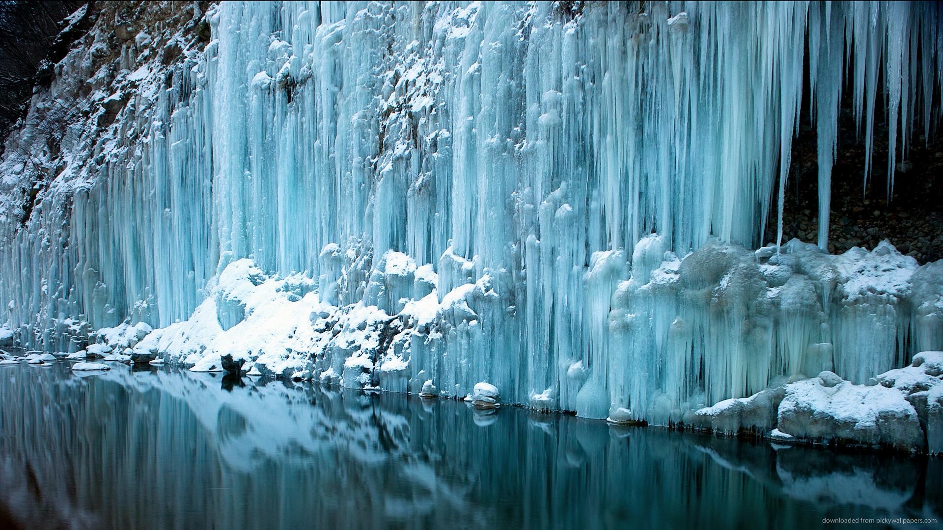 Ghiaccioli, Cascata ghiacciata, Inverno, Riflesso, 16:9 Full HD, wallpaper widescreen