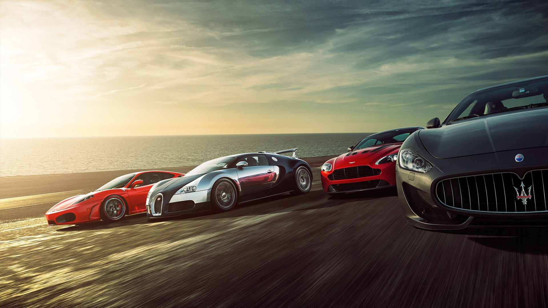 Maserati GranTurismo, Bugatti Veyron, Ferrari, Supercar, Tramonto, sfondo 16:9 Full HD