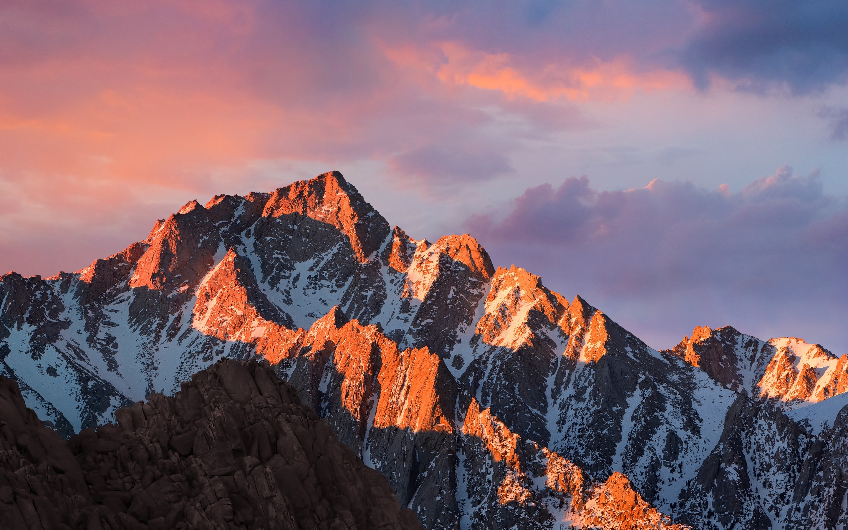 macOS Sierra, Sierra Nevada, Montagne, Tramonto, Neve, sfondo Mac 2K