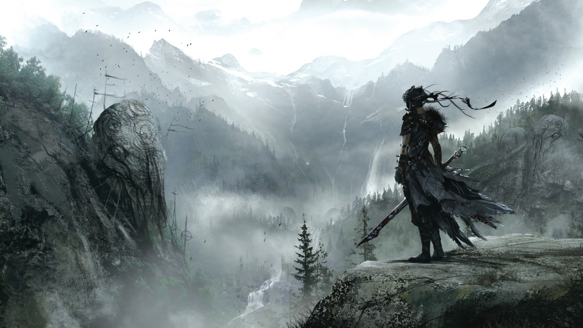 Ninja, Montagne, Nebbia, Pittura digitale, Full HD 1080p, sfondo desktop