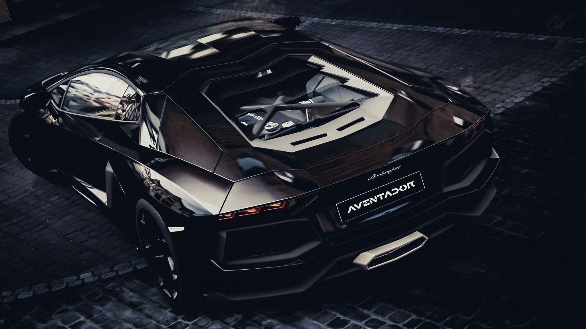 Lamborghini Aventador, Vano motore, Nero, Dall'alto, Full HD, wallpaper per computer