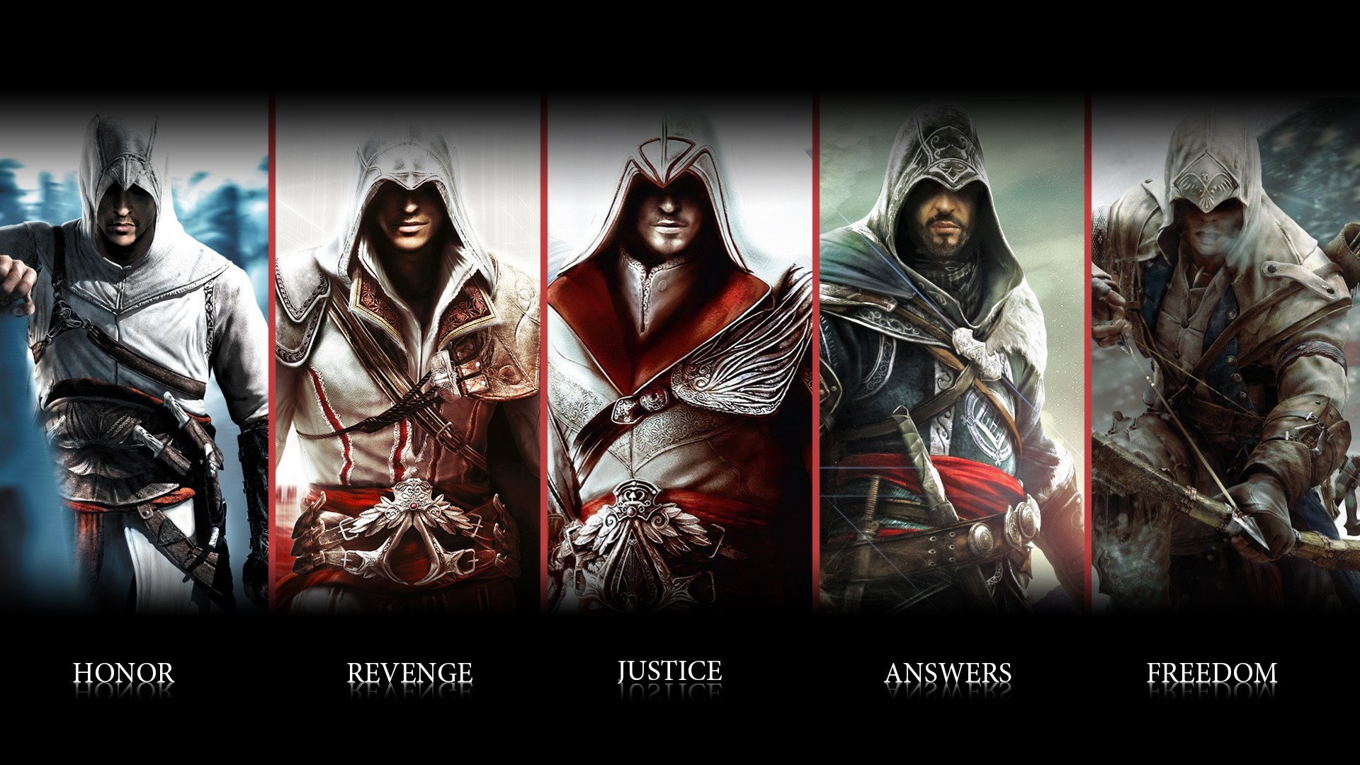 Assassin's Creed, Altaïr, Ezio Auditore, Connor Kenway, Pannelli, Sfondo nero, wallpaper desktop
