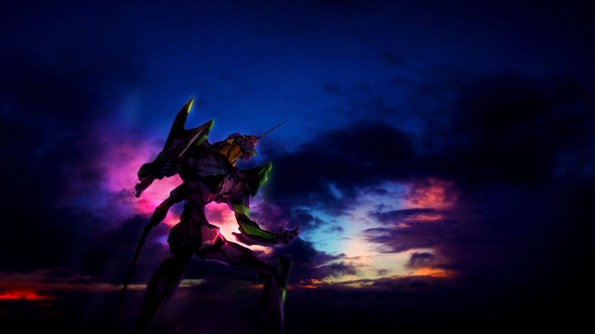 Eva-01, Evangelion, Silhouette, Tramonto, Viola, Full HD, sfondo per portatile