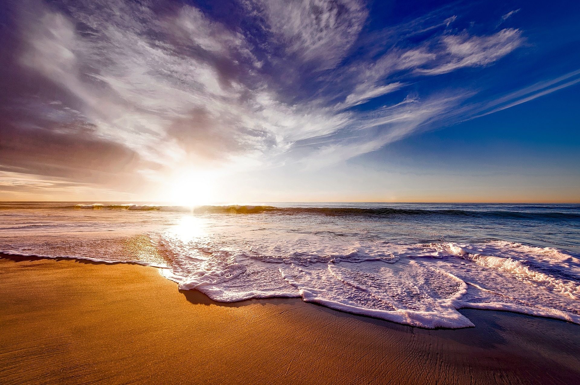 Tramonto, Onde, Spiaggia, Nuvole, Full HD, sfondo per portatile