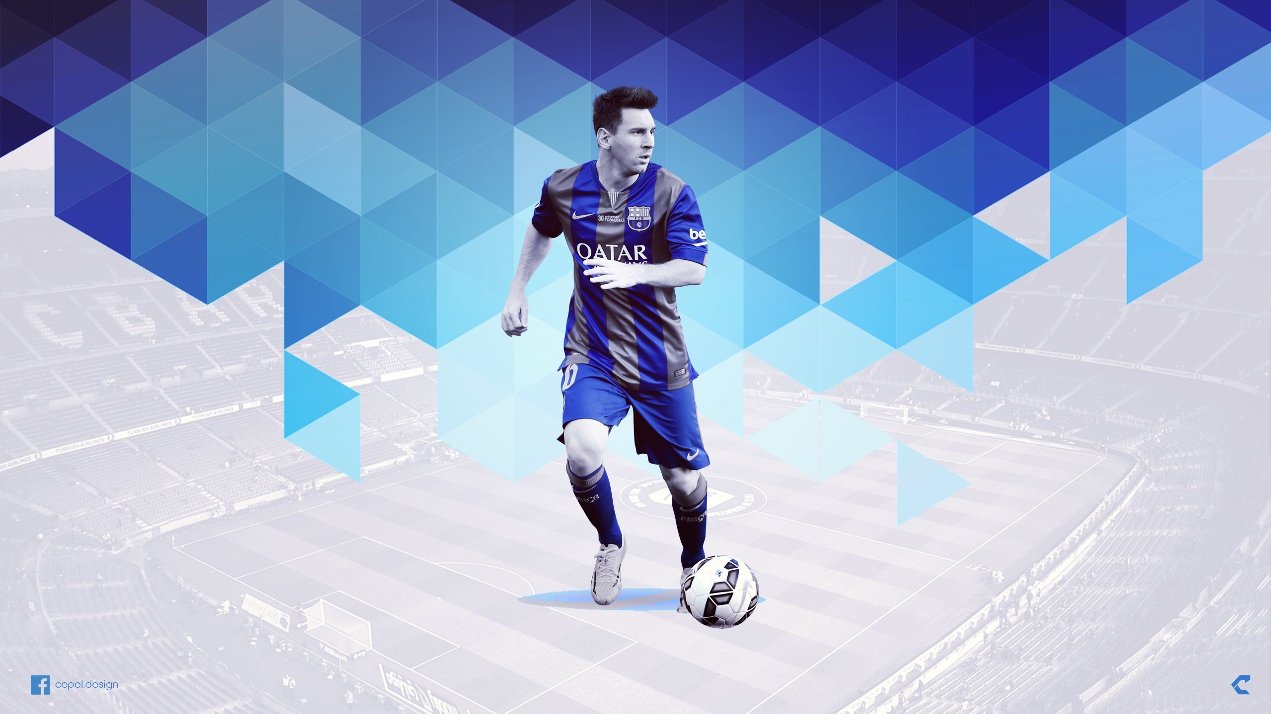 Lionel Messi, FC Barcelona, Low poly, Blu, 16:9 2K, sfondo widescreen