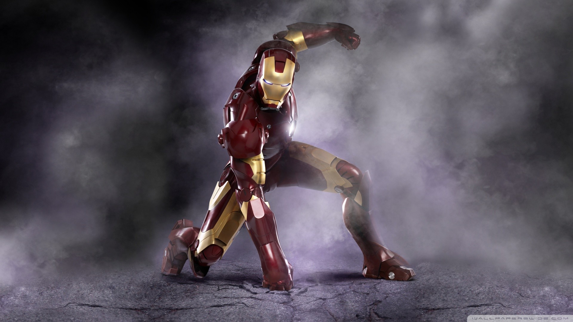 Iron Man, Atterraggio da supereroe, Fumo, Armatura, 16:9 Full HD, sfondo widescreen