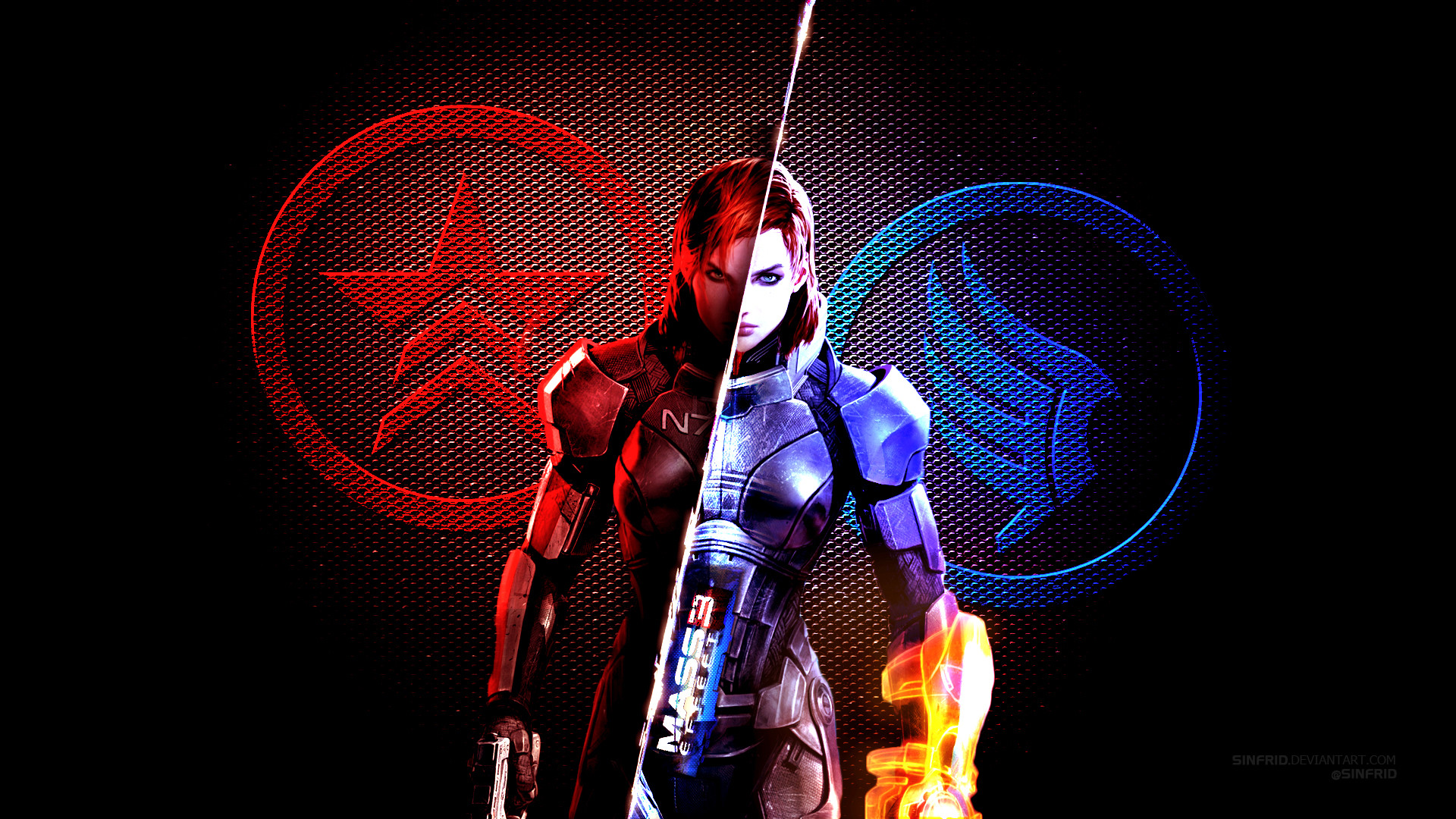 Comandante Shepard, Mass Effect, Renegade, Paragon, Rosso e blu, sfondo per portatile