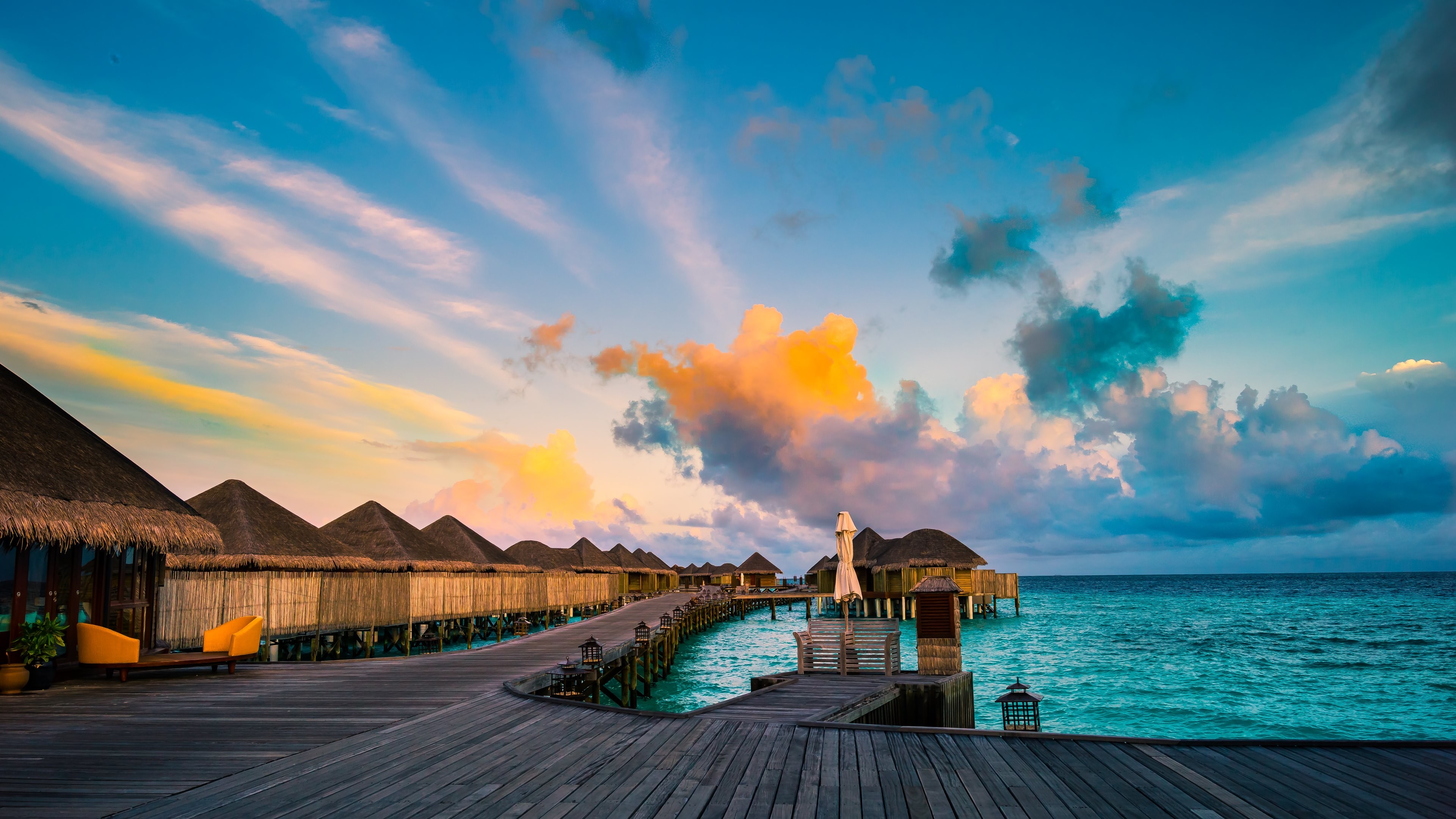 Maldive, Bungalow sull'acqua, Tramonto, Mare, 3840x2160, sfondo per PC