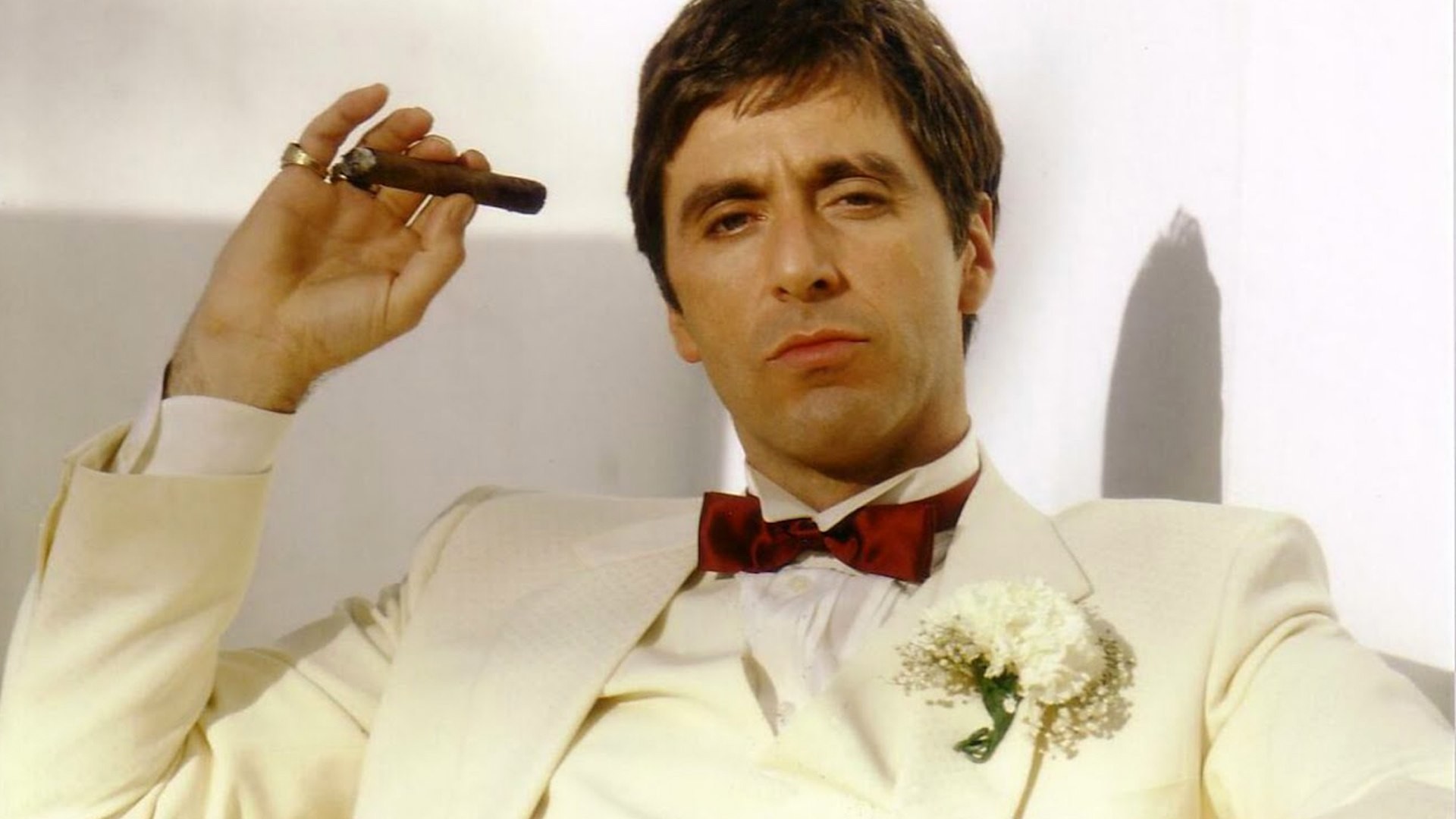 Tony Montana, Al Pacino, Scarface, Sigaro, Smoking bianco, Full HD, sfondo per PC e portatile
