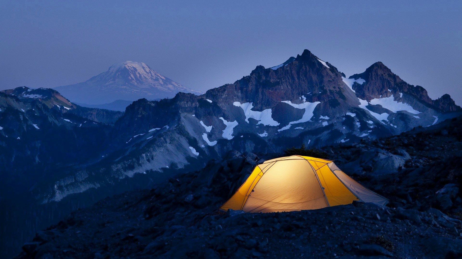 Tenda, Campeggio, Vette innevate, Crepuscolo, Mount Rainier, 16:9 Full HD, sfondo widescreen