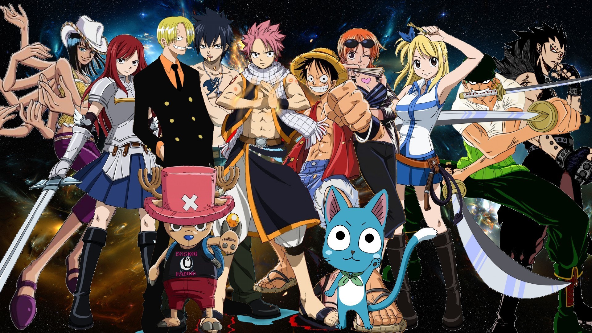 Fairy Tail, One Piece, Crossover, Monkey D. Luffy, Natsu Dragneel, Happy, sfondo Full HD per portatile