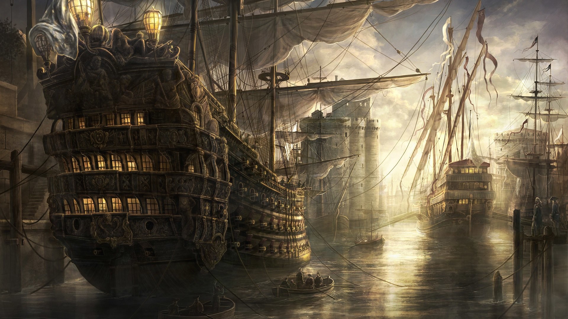 Velieri, Porto, Fantasy, Steampunk, Full HD 1080p, sfondo desktop